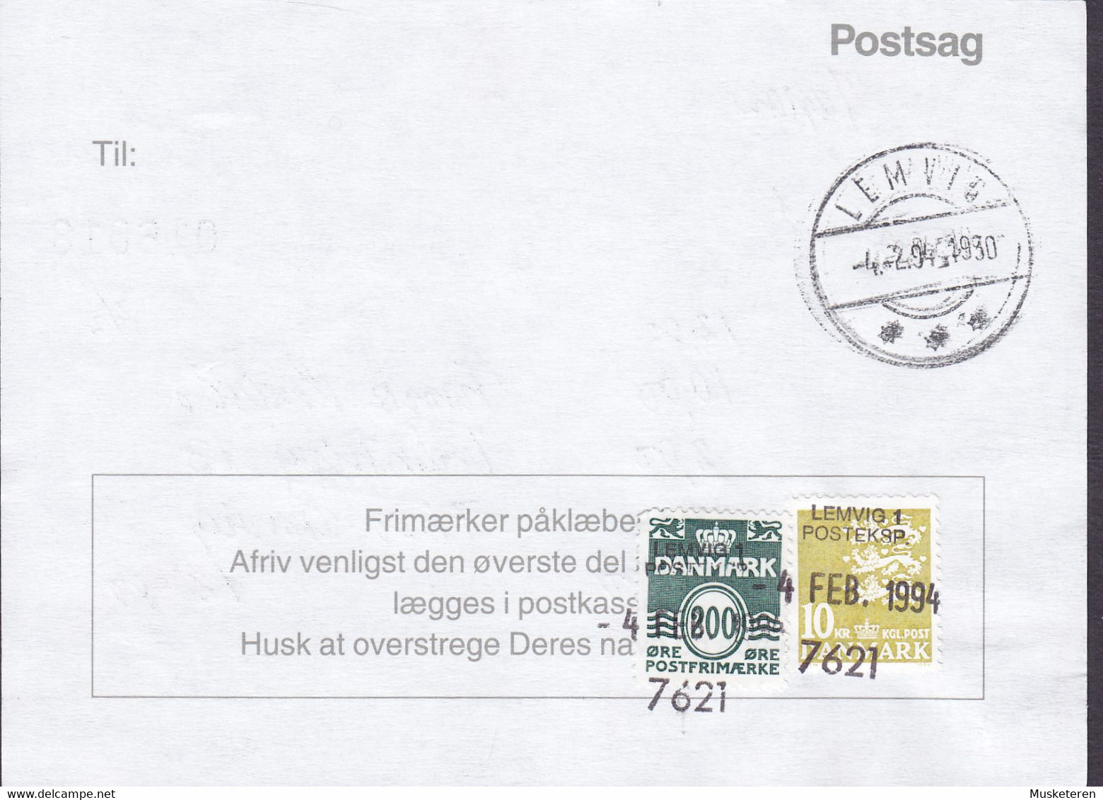 Denmark Regning Manglende Porto Bill TAXE Postage Due Japan Line Cds. LEMVIG 1. POSTEKSP. 1994 Postsag (2 Scans) - Covers & Documents