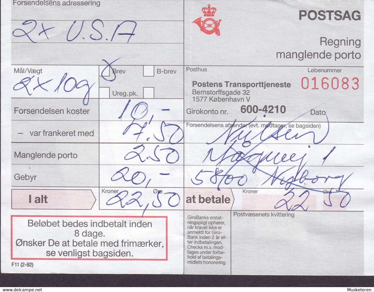 Denmark Regning Manglende Porto Bill TAXE Postage Due 2x USA Line Cds. NYBORG 1. POSTEKSP. 1994 Postsag (2 Scans) - Storia Postale