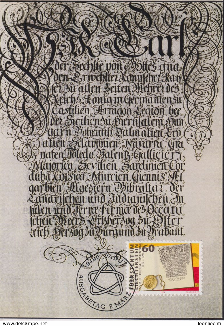 1994 Liechtenstein MC 123 Mi:LI 1081°, Yt:LI 1022°, Zum:LI 1023°, 275 Jahre Reichsfürtentum, Urkunde V. 1719 - Storia Postale