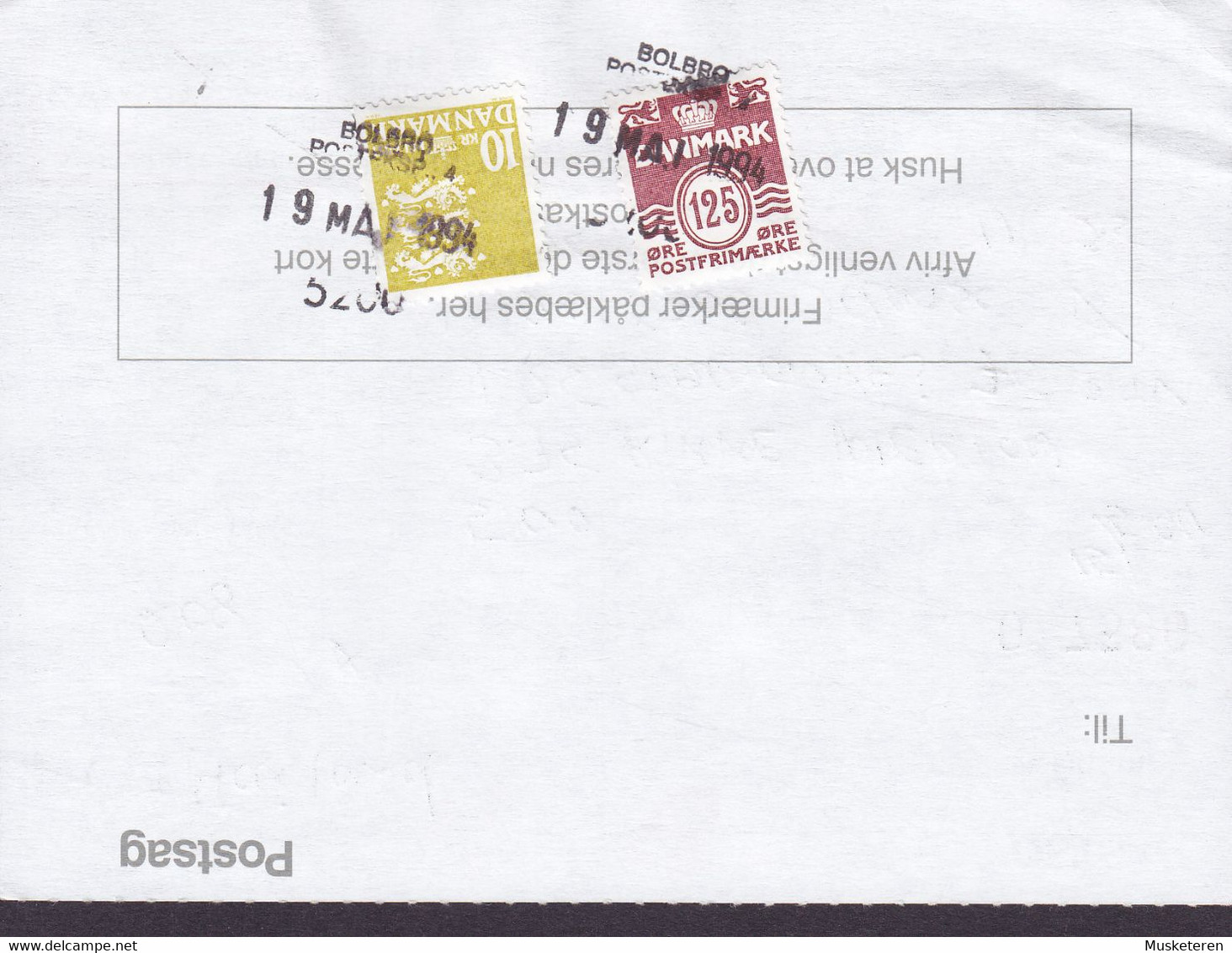 Denmark Regning Manglende Porto Bill TAXE Postage Due Thailand Line Cds. BOLBRO POSTEKSP. 1994 Postsag (2 Scans) - Cartas & Documentos