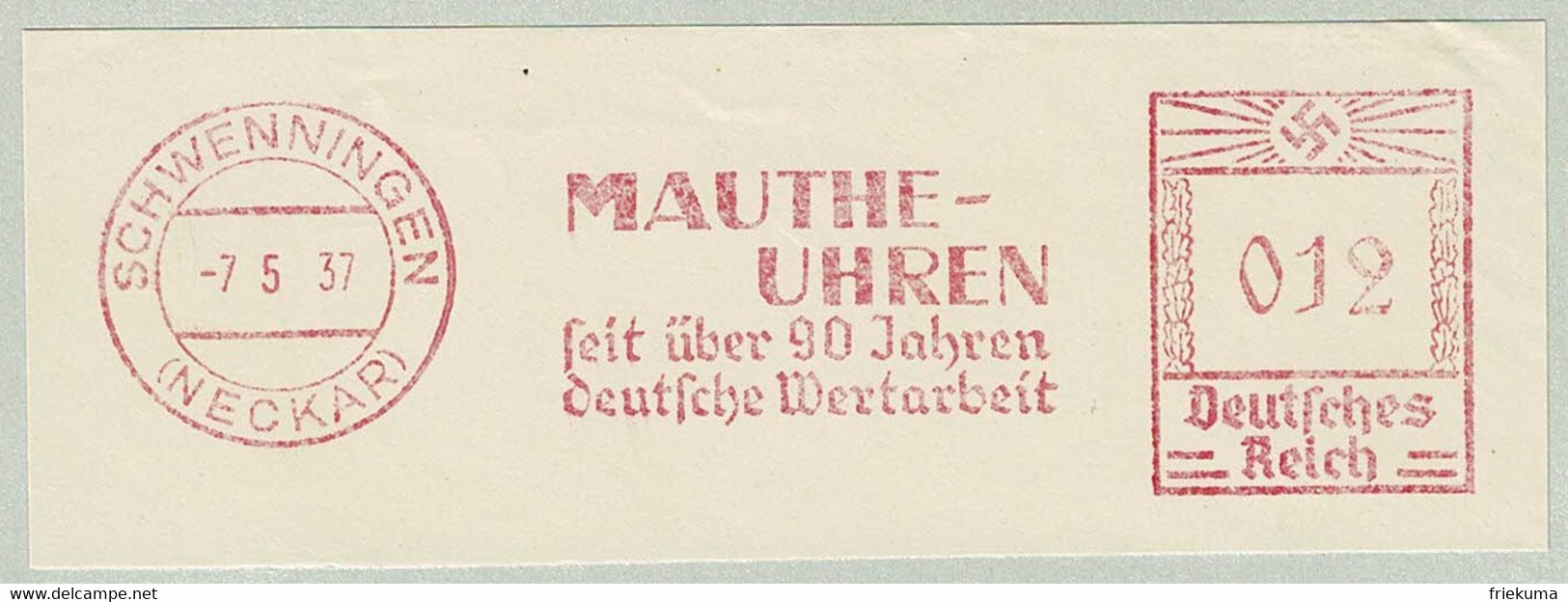 Deutsches Reich 1937, Freistempel / EMA / Meterstamp Mauthe-Uhren Schwenningen, Horloge / Clock - Horlogerie