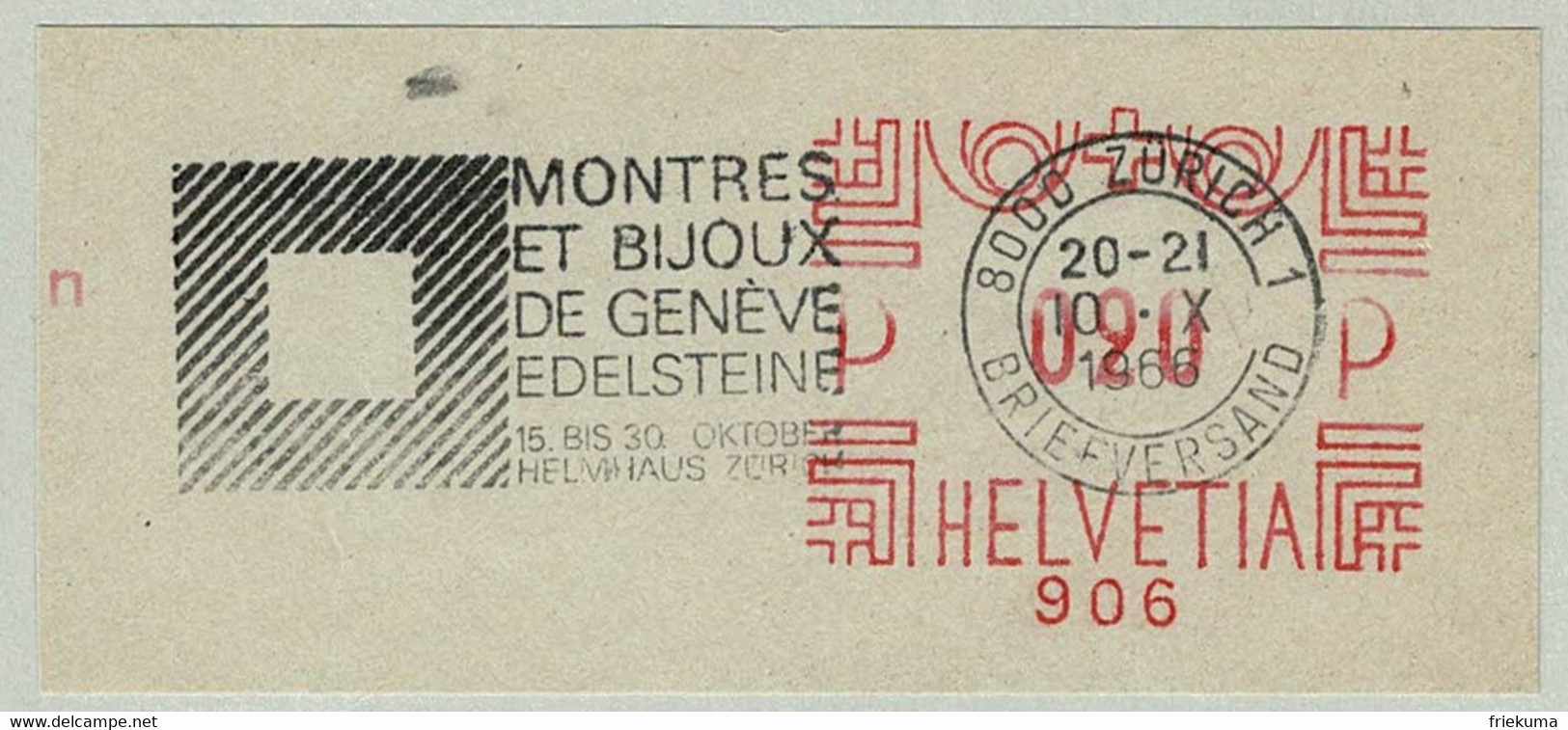 Schweiz / Helvetia 1966, Flaggenstempel Montres Et Bijoux Edelsteine Zürich, Uhren / Clocks - Horlogerie