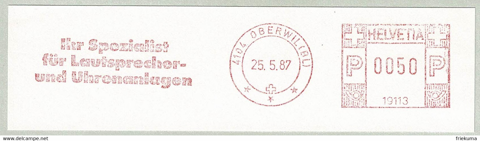 Schweiz / Helvetia 1987, Freistempel / EMA / Meterstamp Oberwil, Uhren / Horloges / Clocks, Lautsprecher - Horlogerie