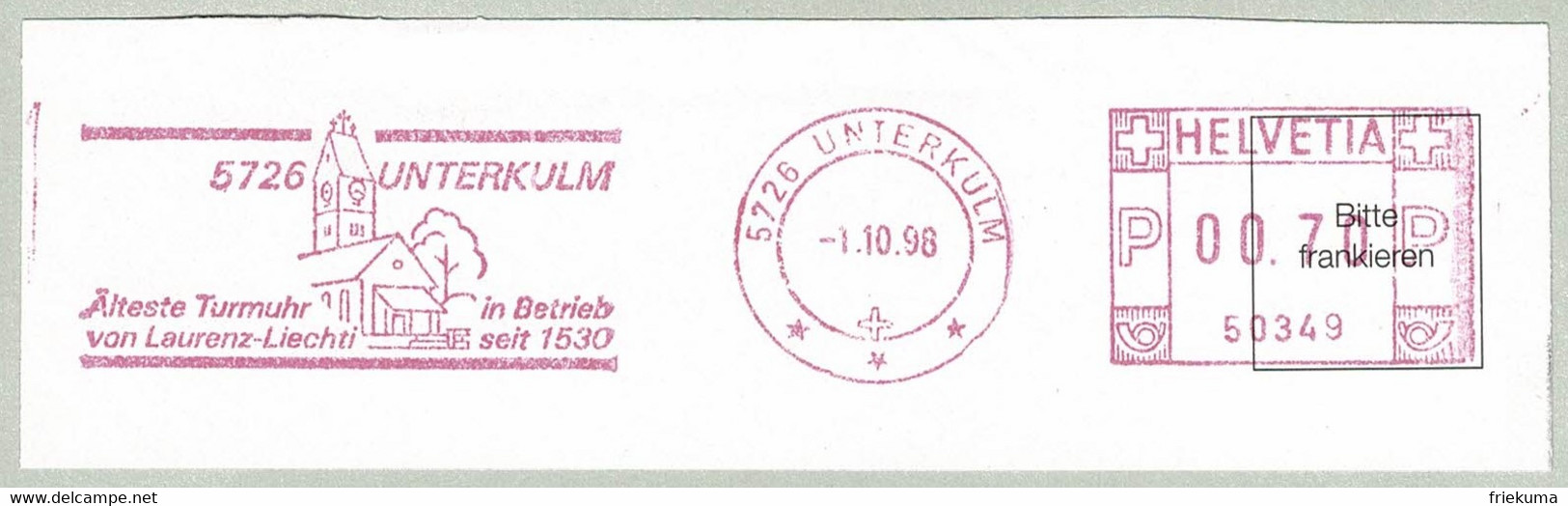 Schweiz / Helvetia 1998, Freistempel / EMA / Meterstamp Unterkulm, Turmuhr, Uhr / Horloge / Clock - Horlogerie