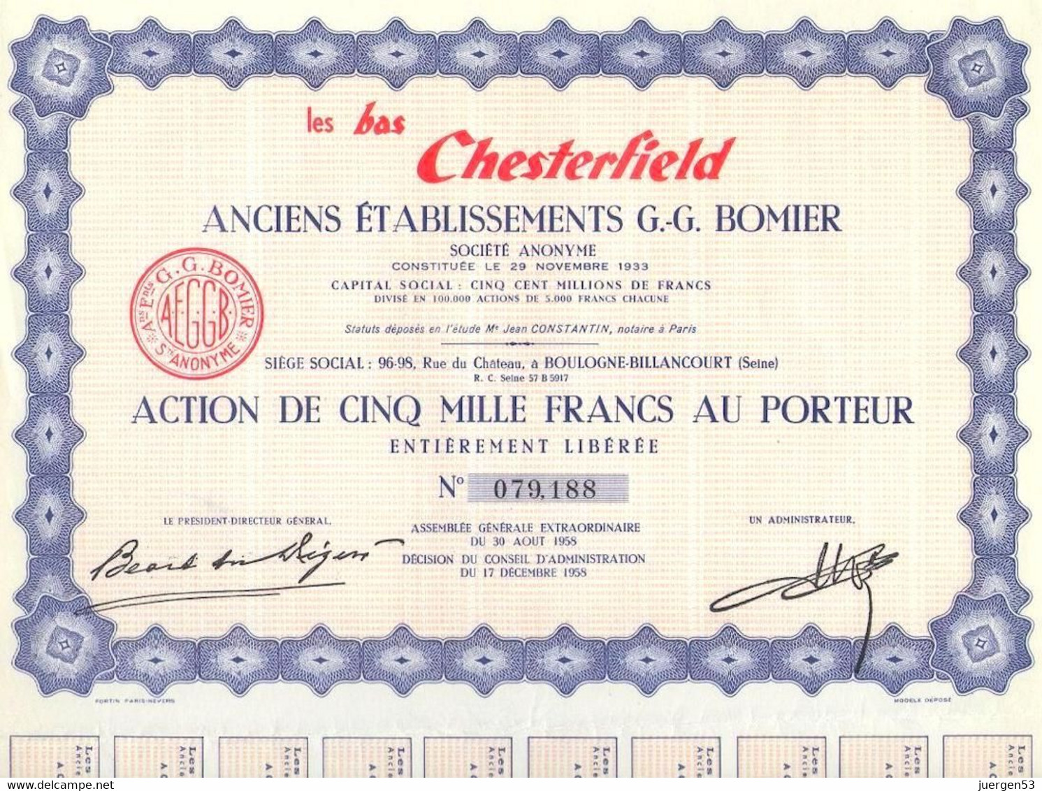 3 X ”les Bas Chesterfield” – 5.000 Francs (17.12.1958) - Textiel