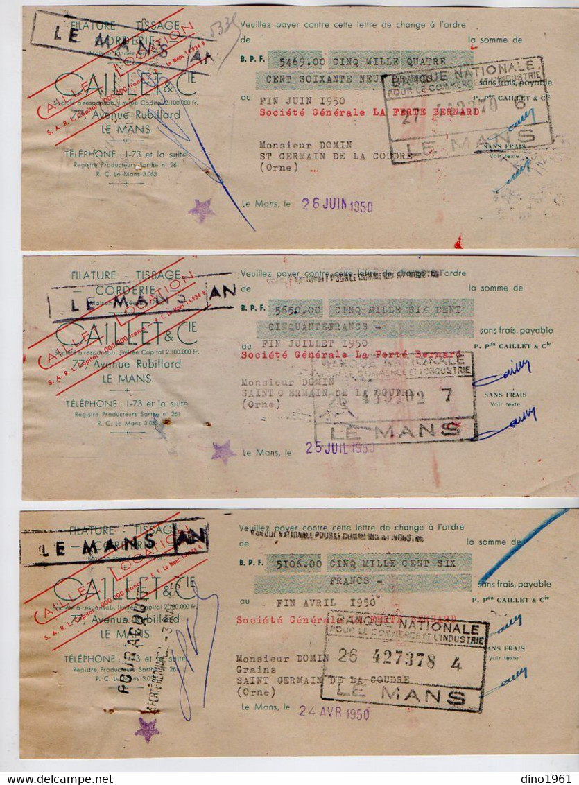 TB 3951 - 1950 - Timbres Fiscaux Sur Lettre De Change X 3 - Mr CAILLET à LE MANS - Sté Générale à LA FERTE - BERNARD - Lettres & Documents