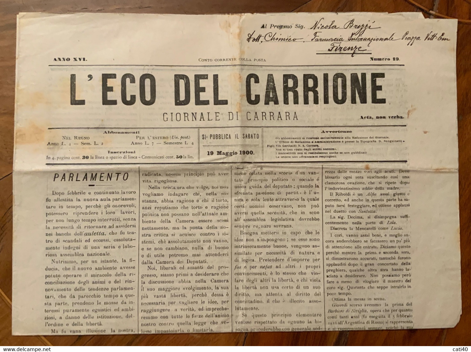 L'ECO DEL CARRIONE - GIORNALE DI CARRARA - N.19 DEL 19 MAGGIO 1900  - NOTIZIE LOCALI - PUBBLICITA' D'POCA - First Editions