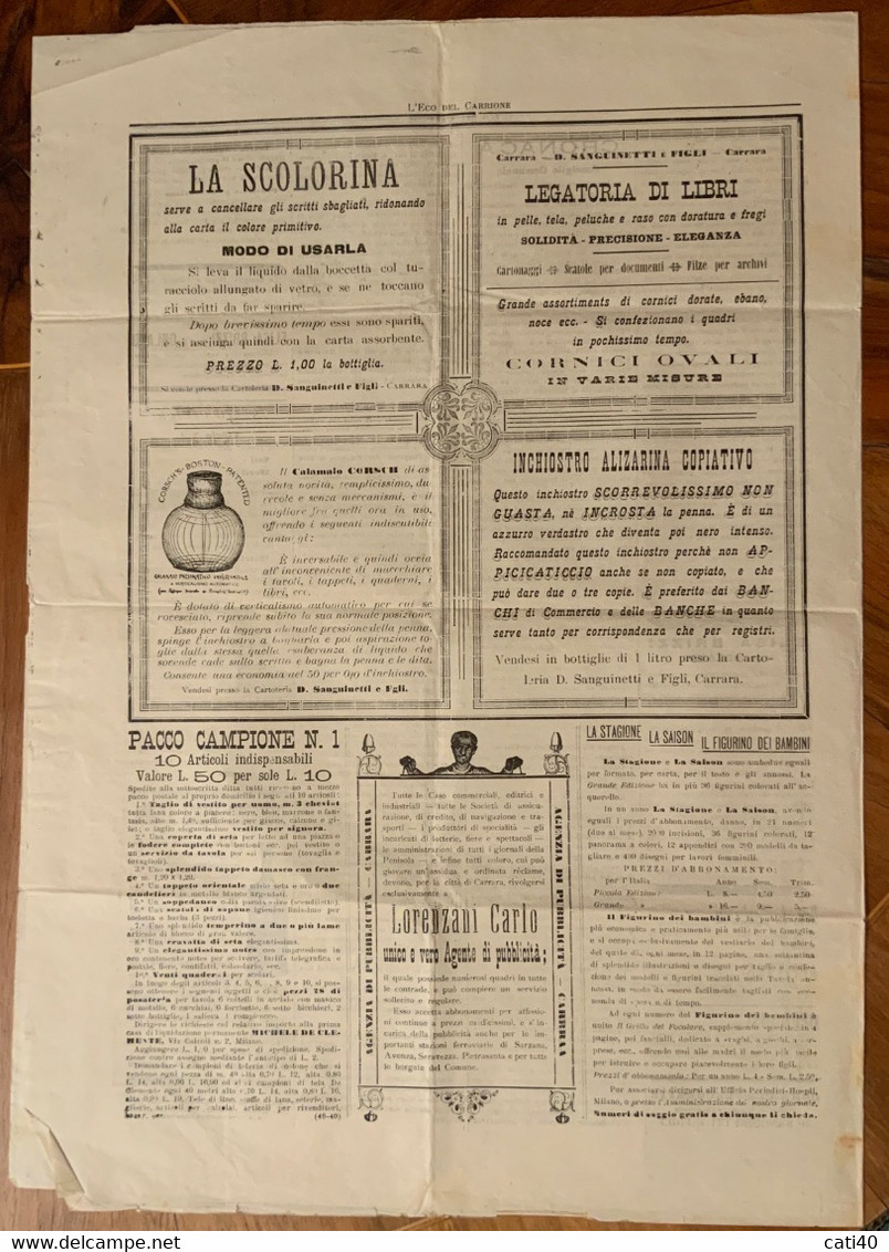 L'ECO DEL CARRIONE - GIORNALE DI CARRARA - N.19 DEL 19 MAGGIO 1900  - NOTIZIE LOCALI - PUBBLICITA' D'POCA - First Editions