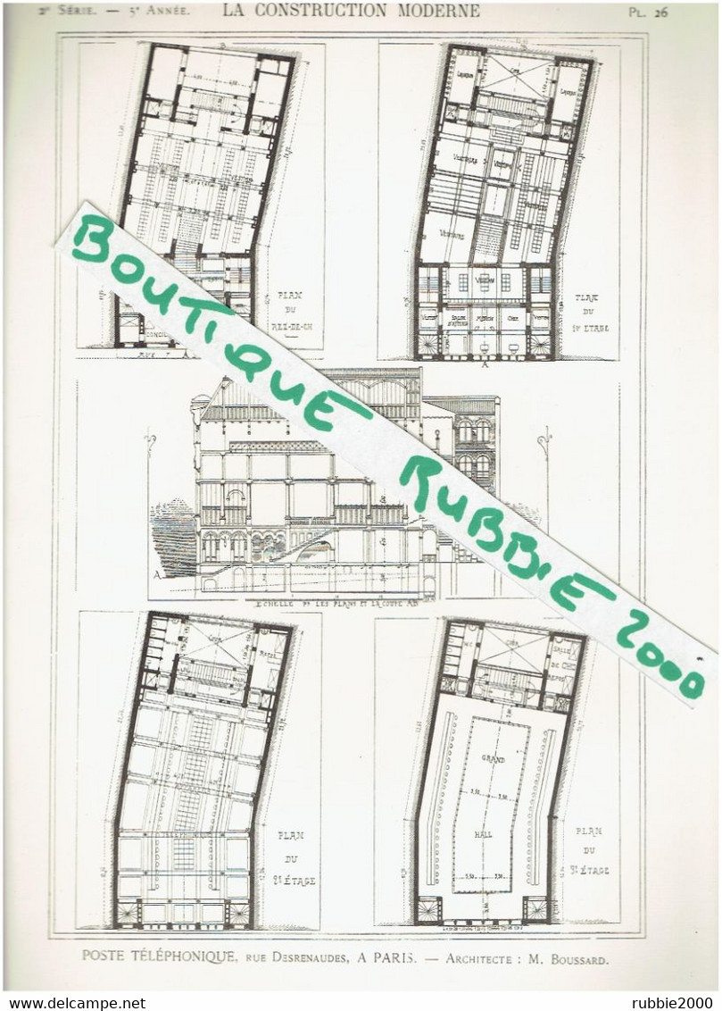 2 PLANS DESSINS 1899 PARIS 17° POSTE TELEPHONIQUE TELEPHONE WAGRAM RUE DESRENAUDES OU DES RENAUDES ARCHITECTE BOUSSARD - Parigi