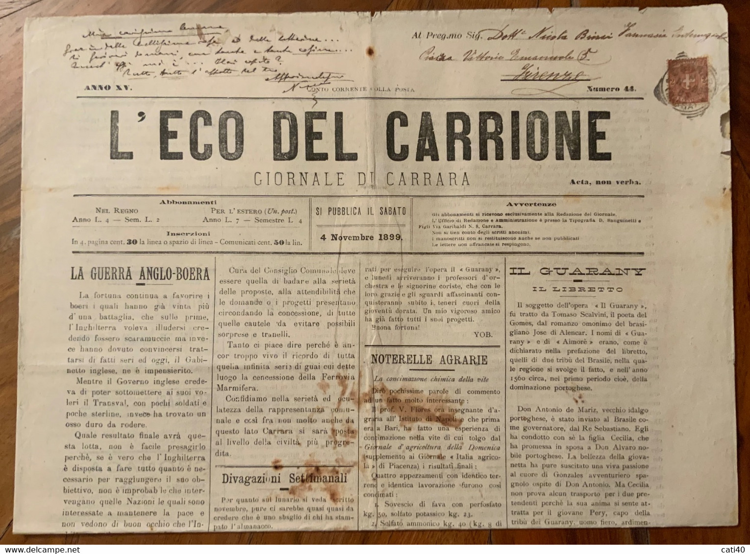 L'ECO DEL CARRIONE - GIORNALE DI CARRARA -N.44 DEL 4/11/1899 - CRONACA LOCALE E PUBBLICITA' D'EPOCA - PER POSTA -  RR - First Editions