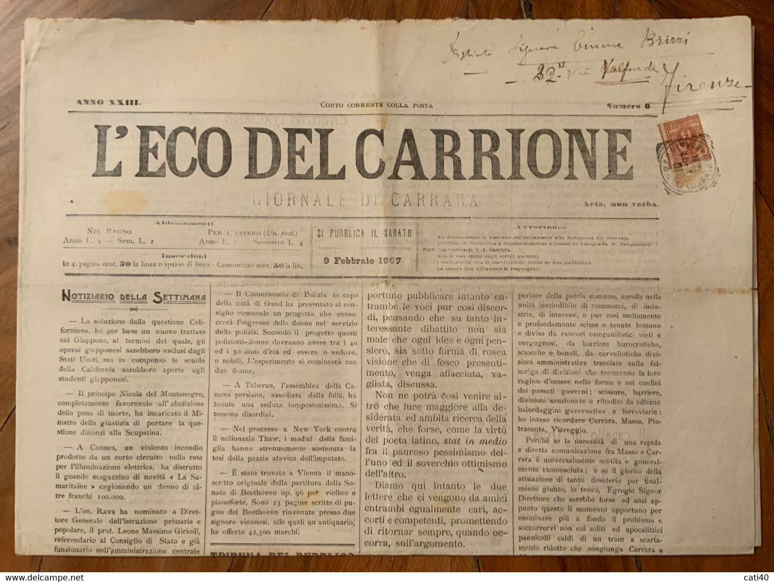 L'ECO DEL CARRIONE - GIORNALE DI CARRARA -N.6 DEL 9/2/1907 - CRONACA LOCALE E PUBBLICITA' D'EPOCA - PER POSTA -  RR - First Editions
