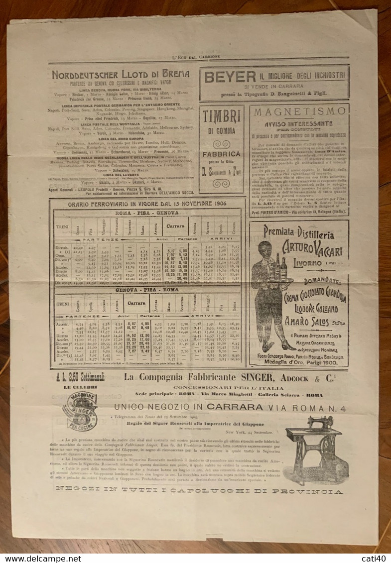 L'ECO DEL CARRIONE - GIORNALE DI CARRARA -N.6 DEL 9/2/1907 - CRONACA LOCALE E PUBBLICITA' D'EPOCA - PER POSTA -  RR - First Editions