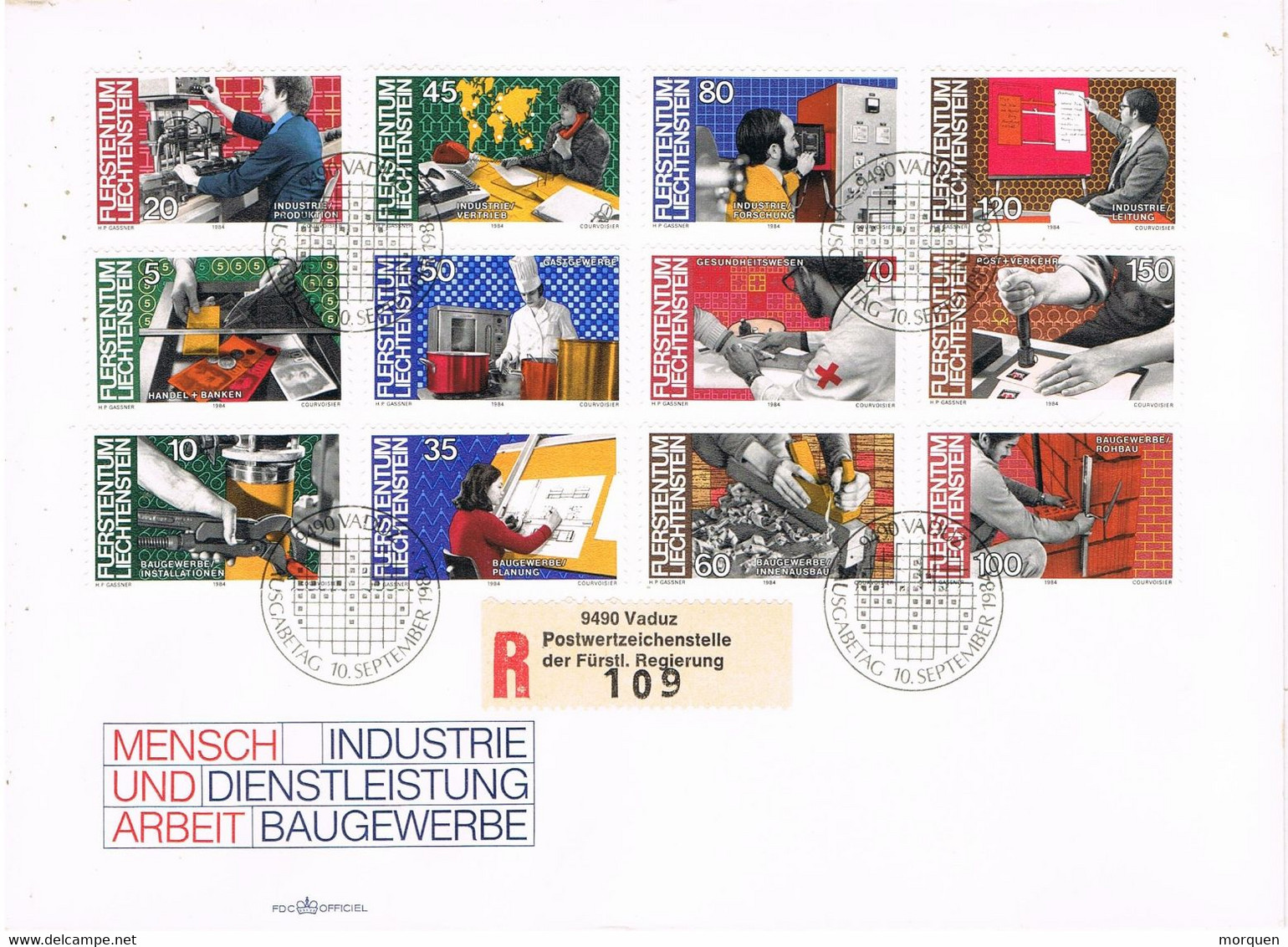 48670. Carta Certificada VADUZ (Liechtenstein) 1984. Trabajo E Industria. Complet Shet - Briefe U. Dokumente