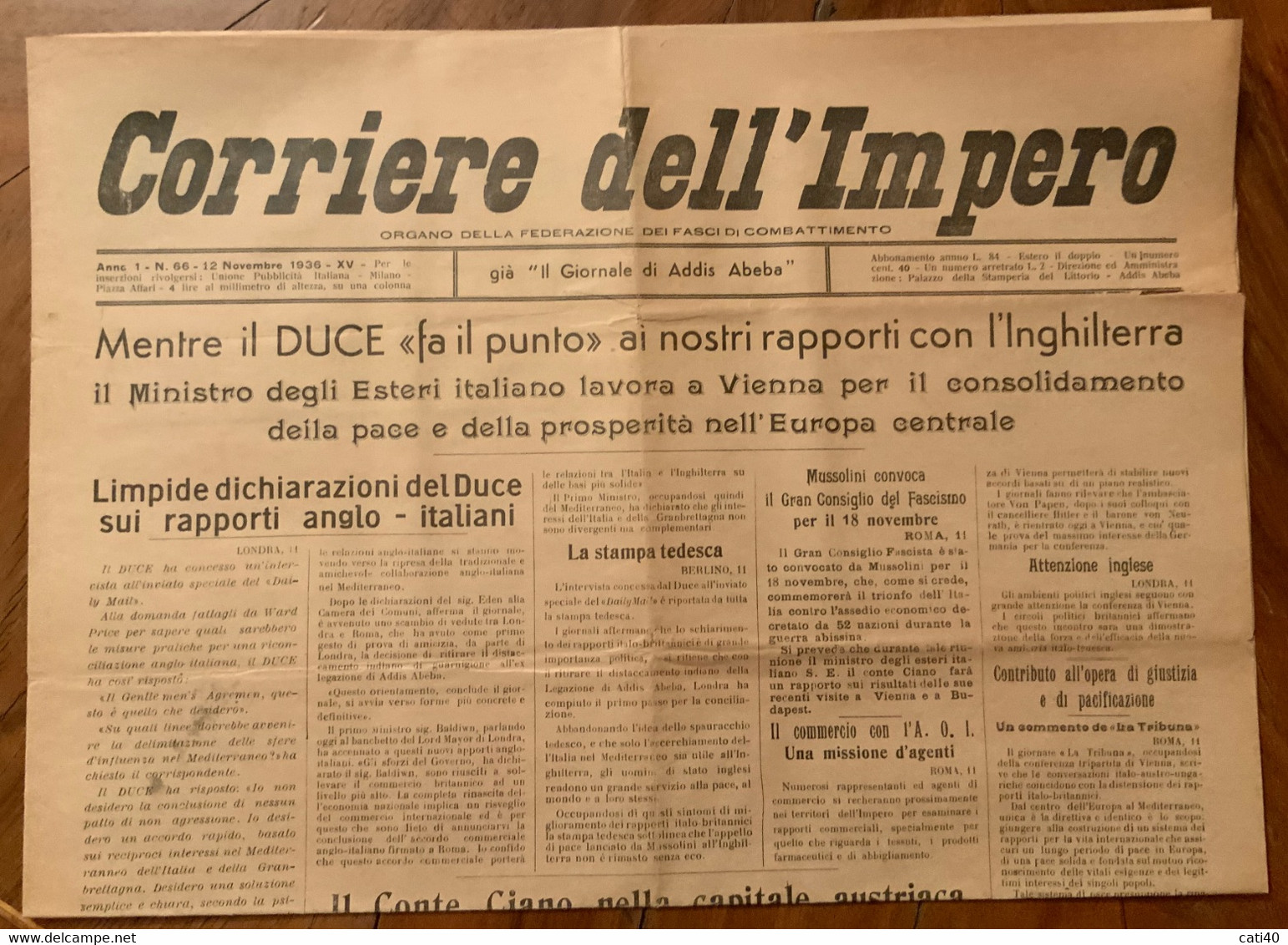 FASCISMO - CORRIERE DELL'MPERO - ORGANI FEDERAZIONE FASCI DI COMBATTIMENTO - N.66 DEL 12/11/36 - IL DUCE FA IL PUNTO. - Prime Edizioni