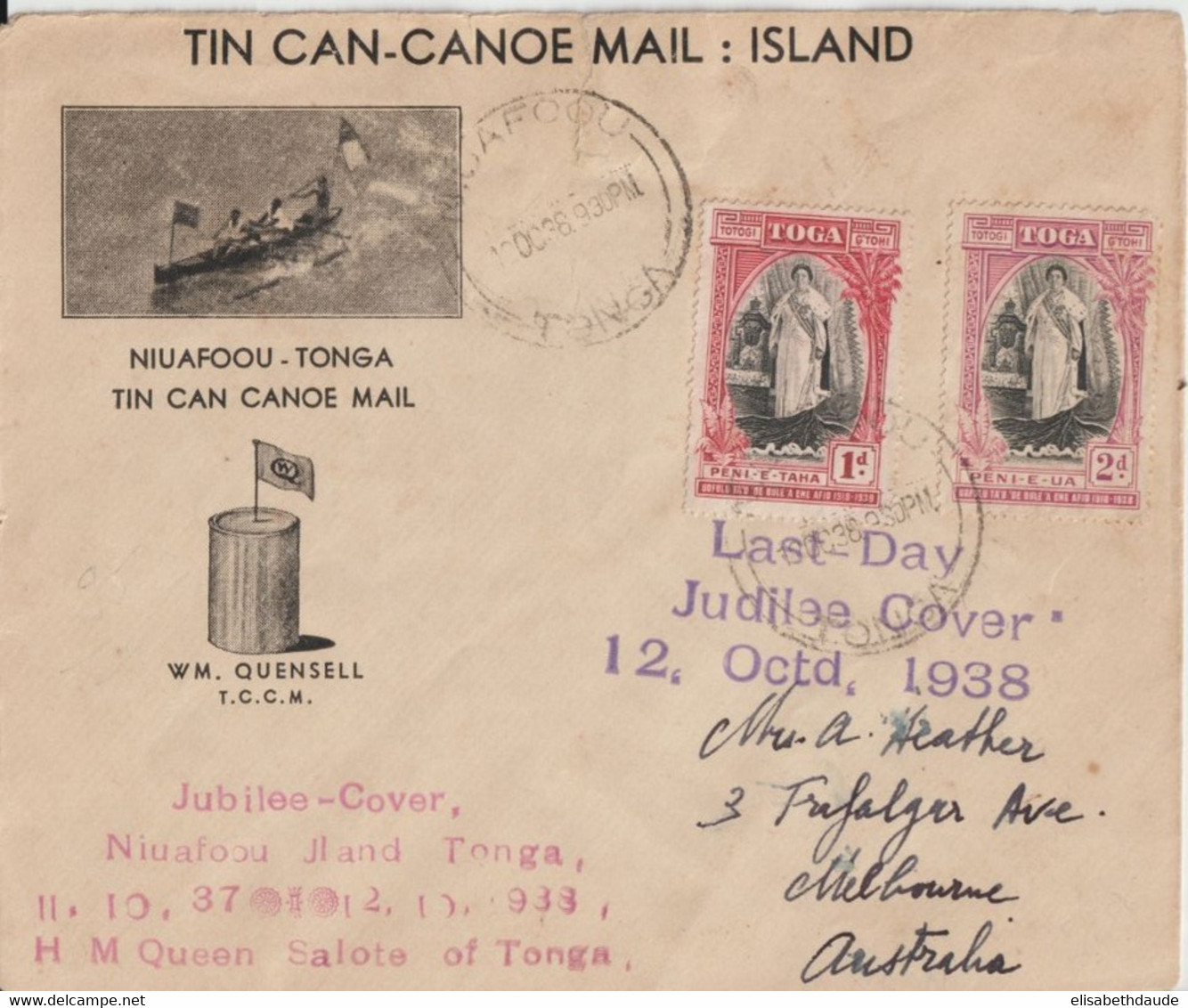 1938 - TONGA - TIN CAN-CANOE MAIL ! ENVELOPPE ILLUSTREE Avec CACHETS TOUS PAYS AU DOS ! SEE BACK OF THE COVER - Tonga (...-1970)