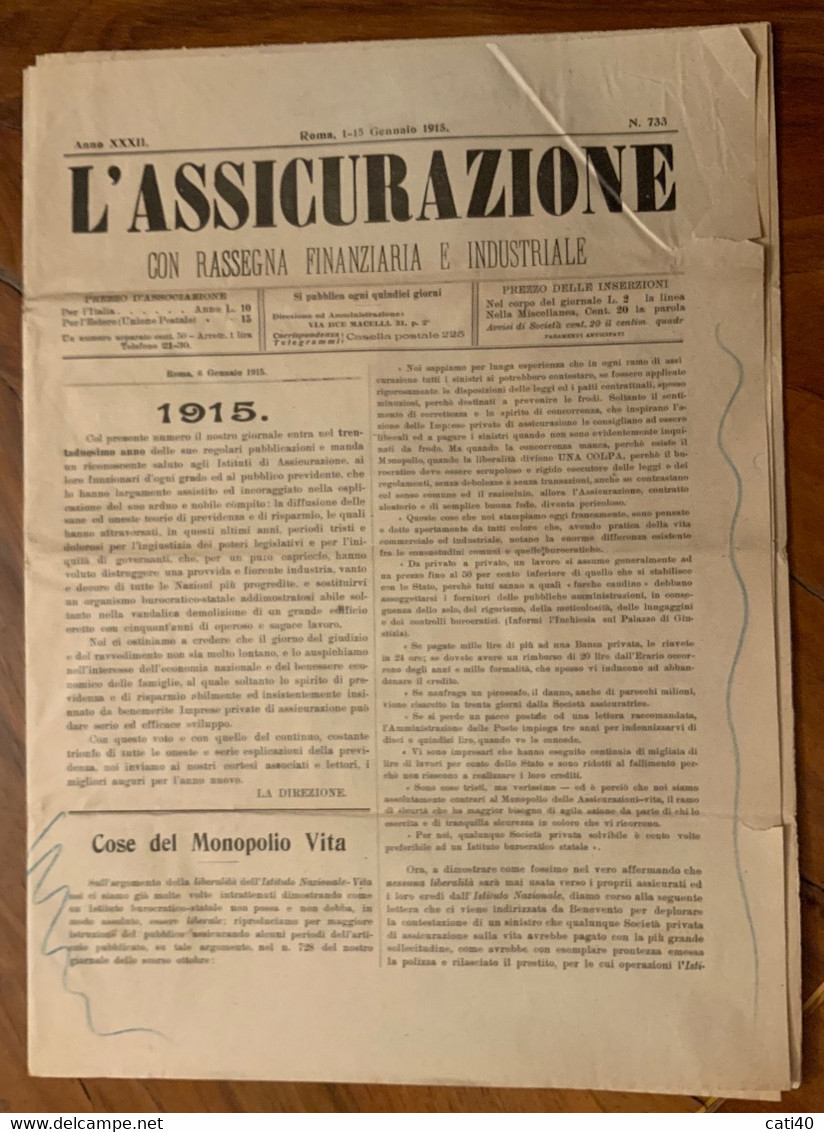 L'ASSICURAZIONE 1 GENNAIO 1915 - PRINCIPALI SOCIETA' DI ASSICURAZIONI NAZIONALI ED ASTERE OPERANTI IN ITALIA - 14 Pgg - First Editions