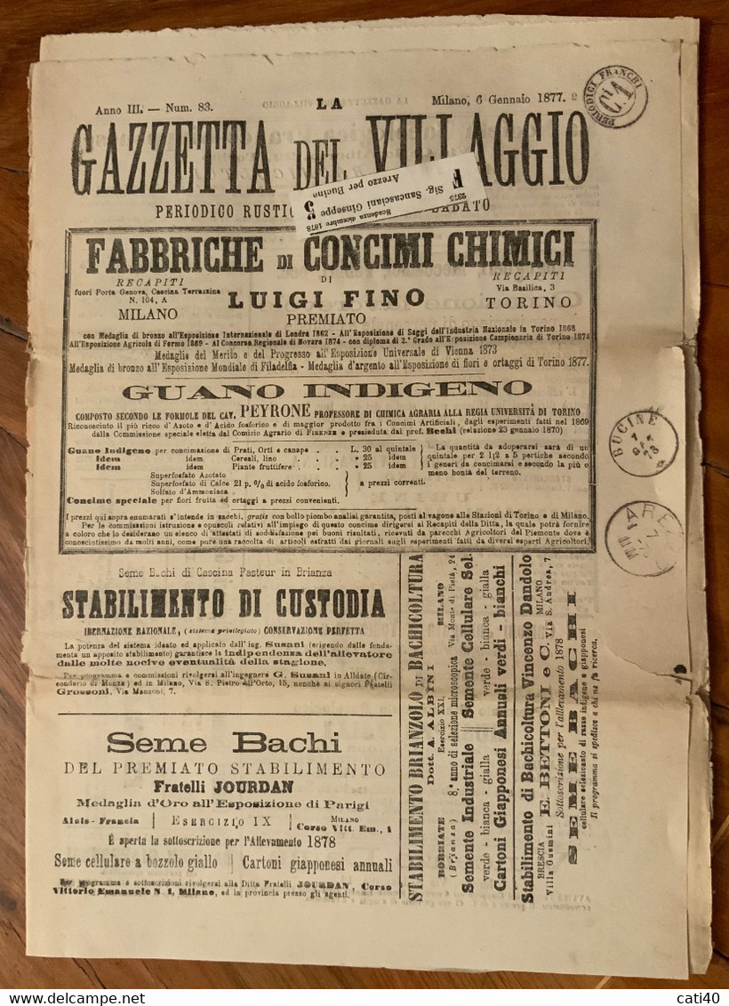 GAZZETTA DEL VILLAGGIO - N.83 6 /1/1877 - PERIODICI FRANCHI C.1 + AREZZO + BUCINE - COMPLETO CON PUBBLICITA' EPOCA - Prime Edizioni