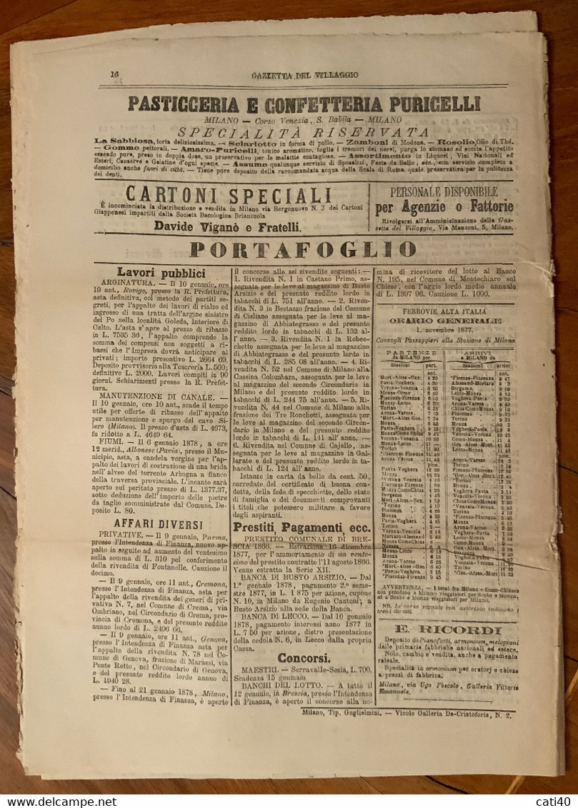 GAZZETTA DEL VILLAGGIO - N.83 6 /1/1877 - PERIODICI FRANCHI C.1 + AREZZO + BUCINE - COMPLETO CON PUBBLICITA' EPOCA - Prime Edizioni