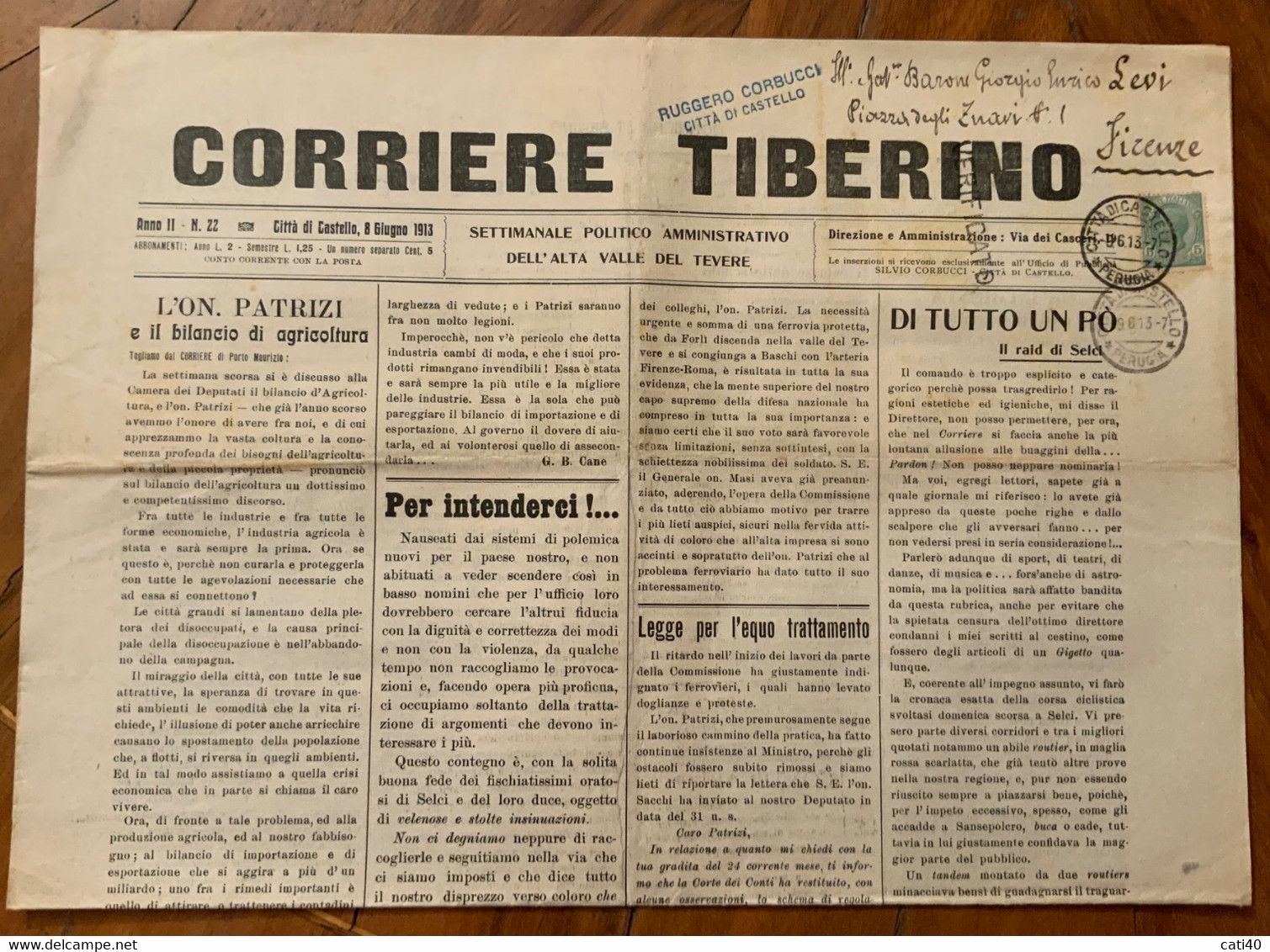 CITTA DI CASTELLO - CORRIERE TIBERINO - 8/6/1913 - BICICLETTE BIANCHI PIRELLI ...ALTRE PUBBLICITA' - CRONACHE LOCALI - Prime Edizioni