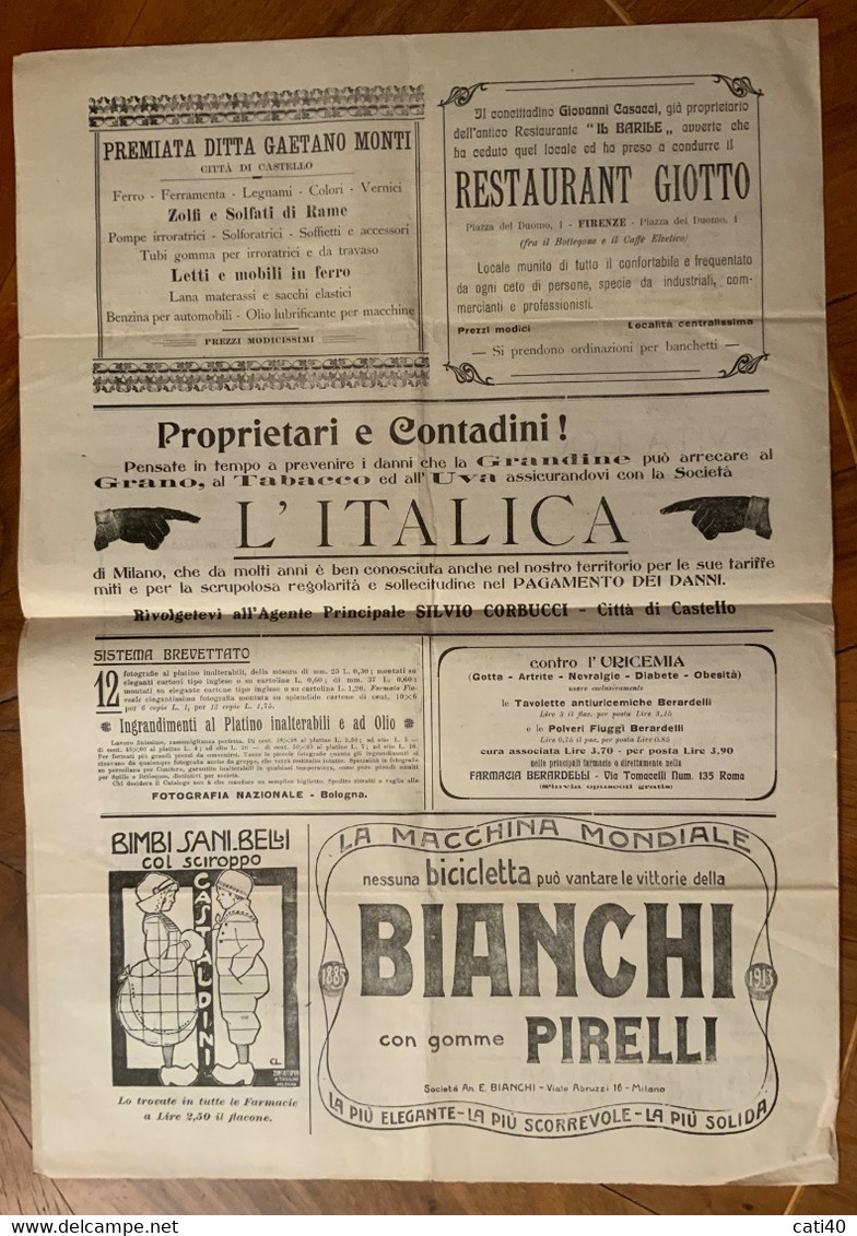 CITTA DI CASTELLO - CORRIERE TIBERINO - 8/6/1913 - BICICLETTE BIANCHI PIRELLI ...ALTRE PUBBLICITA' - CRONACHE LOCALI - First Editions