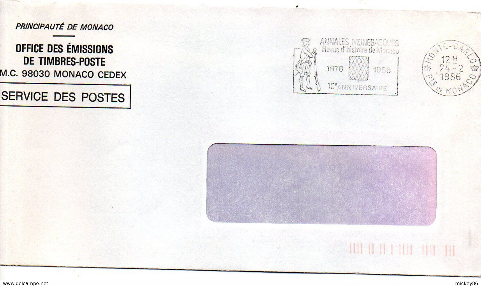 MONACO-1986-lettre Monte-Carlo Pour NANTES-44-cachet "10 Ans-Annales Monégasques-histoire De Monaco "..franchise Postale - Storia Postale