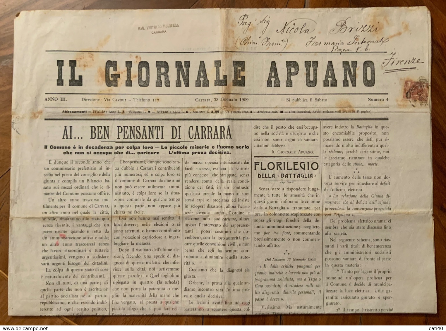 CARRARA - IL GIORNALE APUANO - 23/1/19809 - AI BEN PENSANTI DI CARRARA.. PUBBLICITA' D'EPèOCA - CRONACHE LOCALI - Prime Edizioni