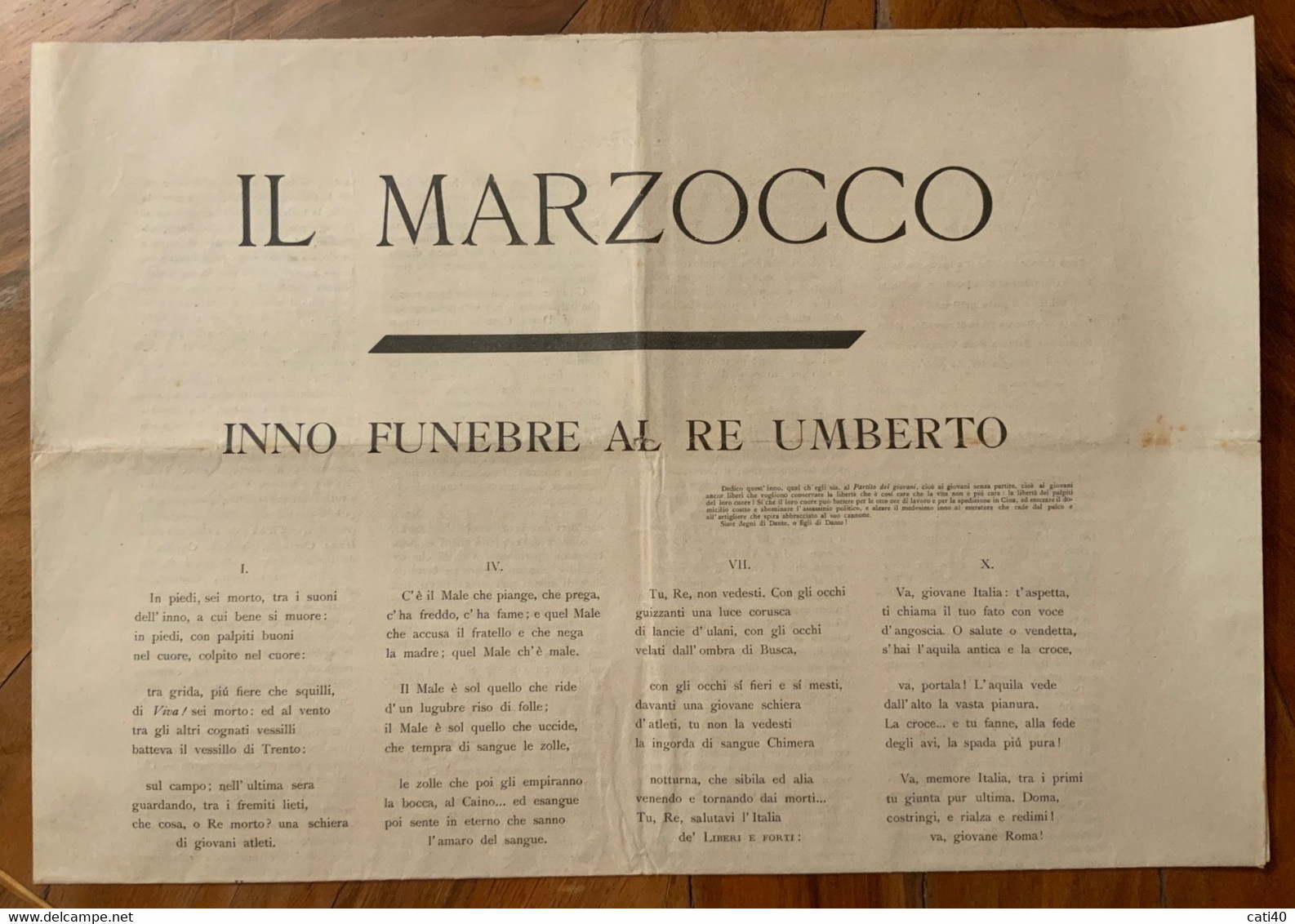 IL MARZOCCO - NUMERO SPECIALE  - INNO FUNEBRE AL RE UMBERTO Di GIOVANNI PASCOLI  - CON DEDICA DEL PASCOLI - First Editions