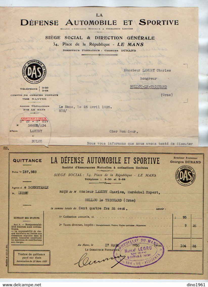 VP21.594 - 1930 / 35 - Quittance Et Lettre De La Sté D'Assurances ¨ La Défense Automobile Et Sportive ¨ à LE MANS - Banco & Caja De Ahorros