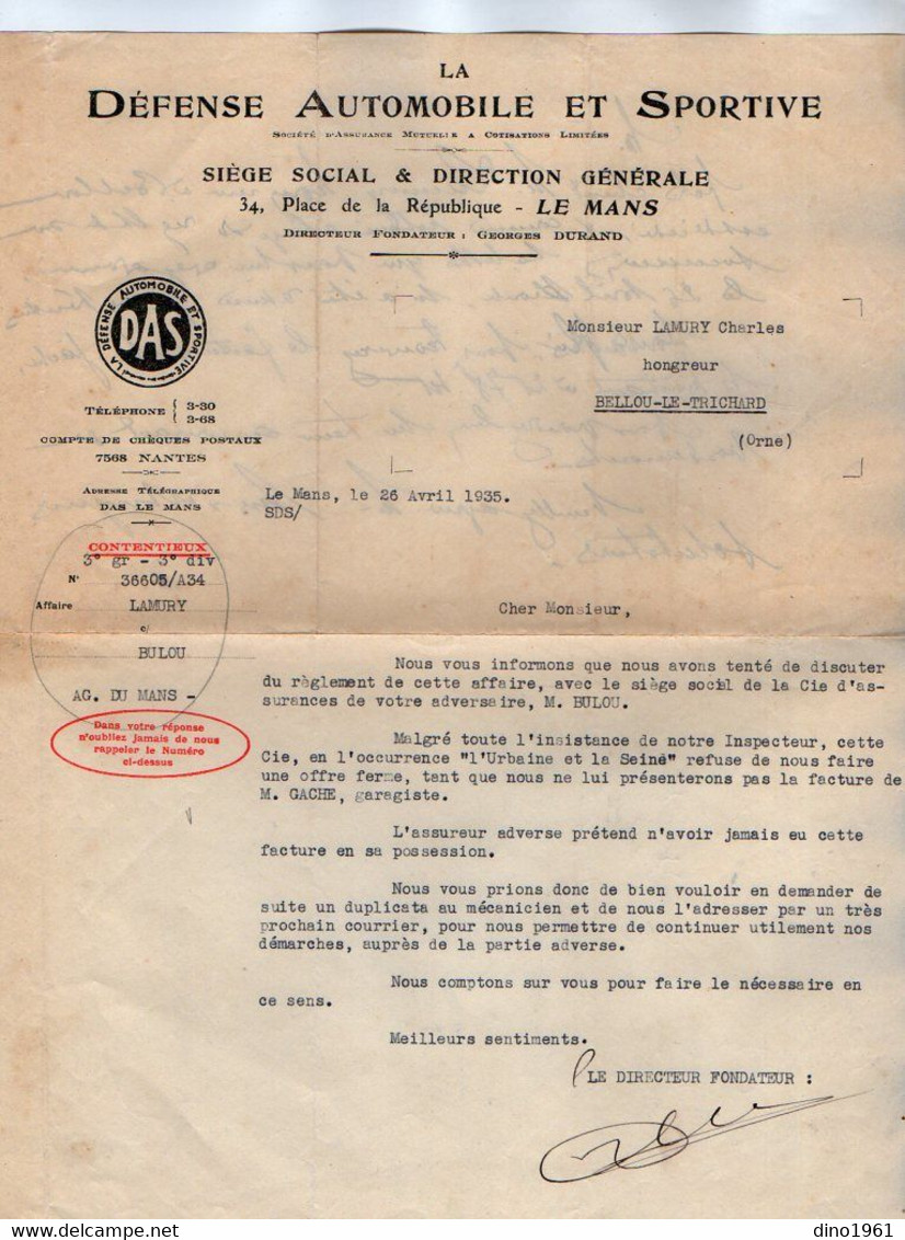 VP21.594 - 1930 / 35 - Quittance Et Lettre De La Sté D'Assurances ¨ La Défense Automobile Et Sportive ¨ à LE MANS - Banque & Assurance