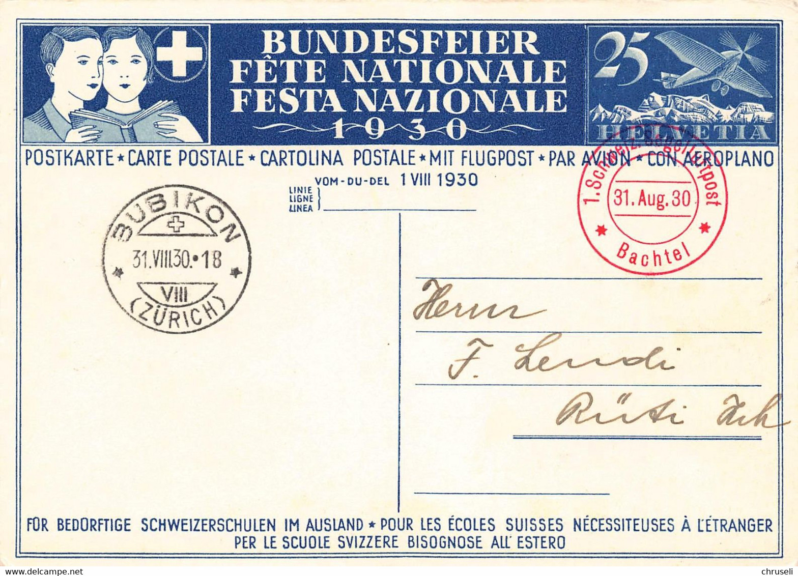 Bundesfeierkarte 1930  1. Schweizer Segelflugpost 31. August Vom Bachtel Stempel Bubikon - Bubikon