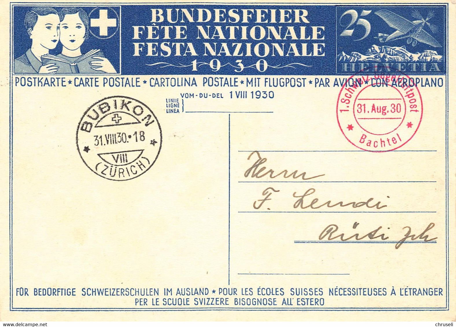 Bundesfeierkarte  1930  1. Schweizer Segelflugpost 31. August Vom Bachtel Stempel Bubikon - Bubikon