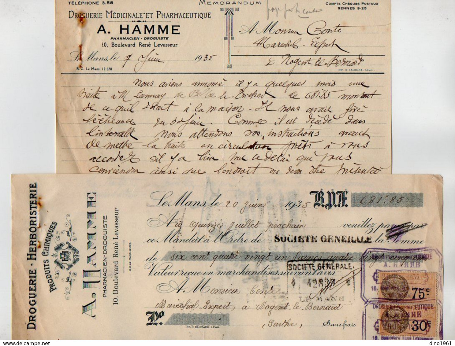 VP21.595 - 1935 - Memorandum & Lettre De Change - Droguerie Médicinale Et Pharmaceutique A. HAMME Pharmacien à LE MANS - Banco & Caja De Ahorros