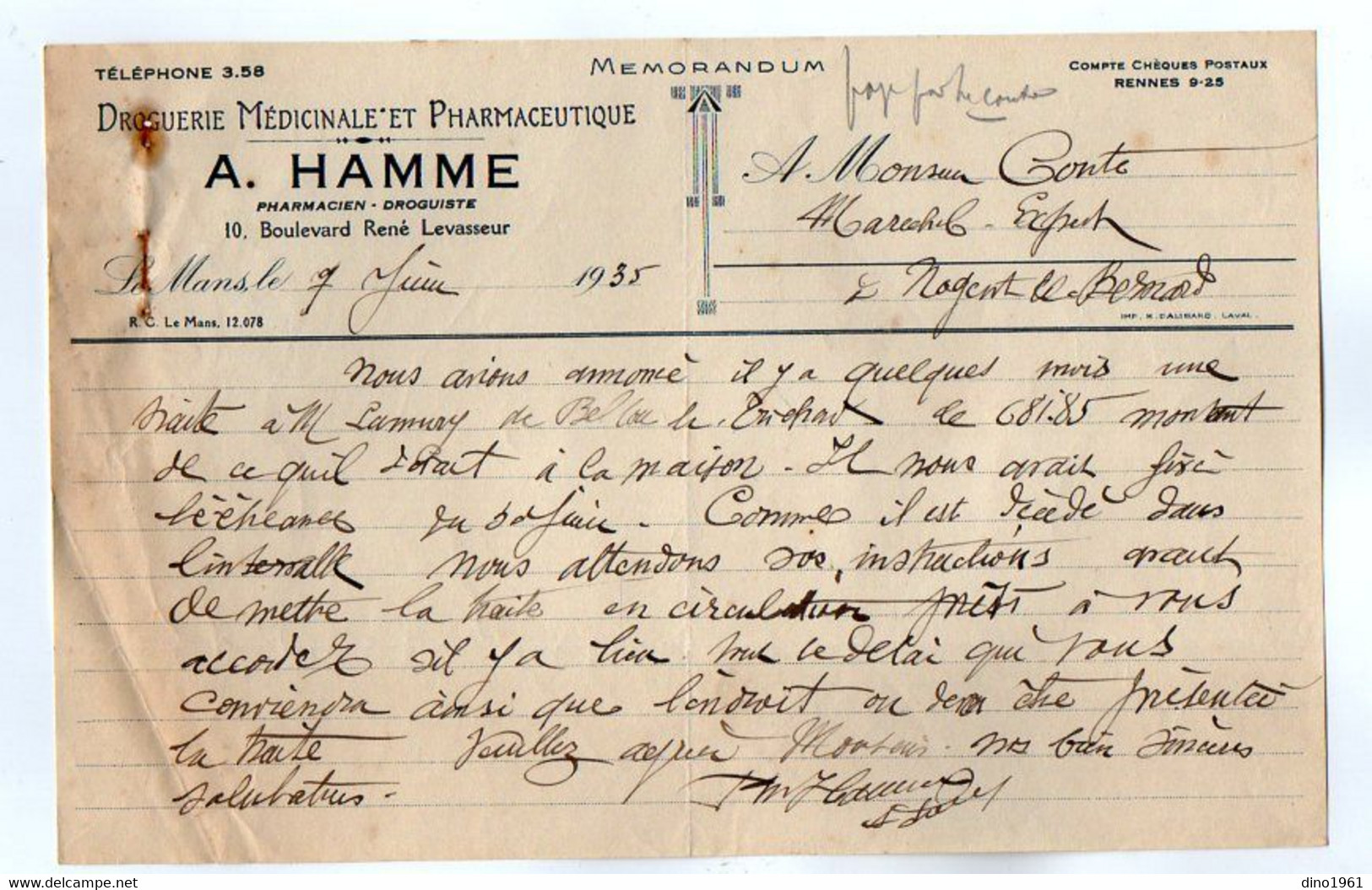 VP21.595 - 1935 - Memorandum & Lettre De Change - Droguerie Médicinale Et Pharmaceutique A. HAMME Pharmacien à LE MANS - Banco & Caja De Ahorros