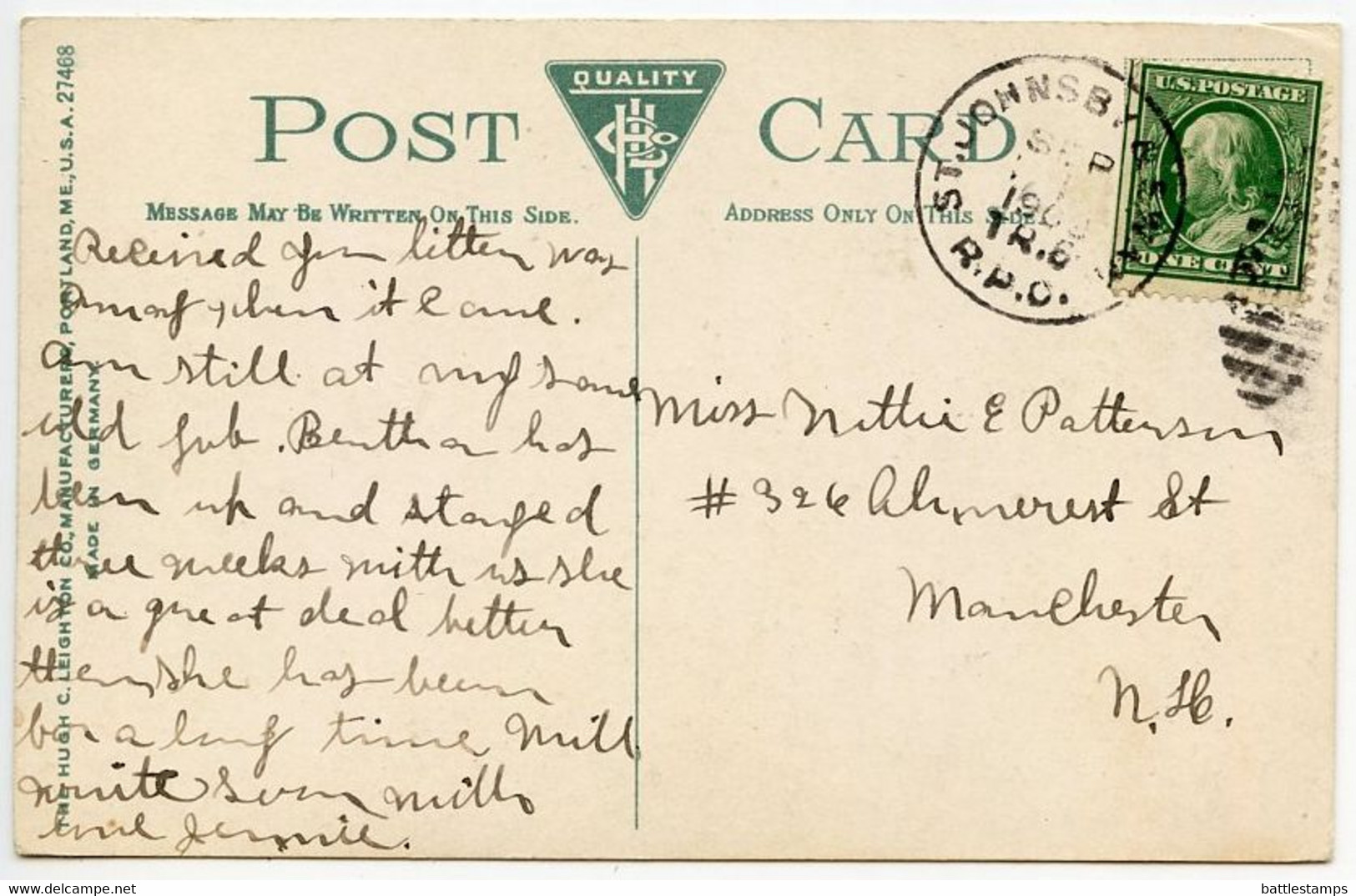 United States 1909 Postcard Shelburne Farms - Near Burlington, Vermont; St. Johnsbury & Swan RPO Postmark - Burlington