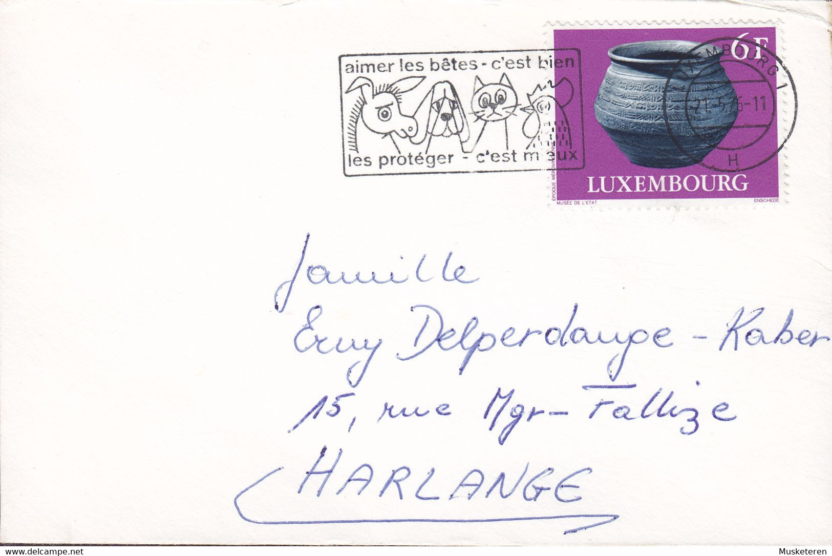 Luxembourg Flamme 'Aimer Les Bêtes' Dog Cat Horse Rooster Cachet LUXEMBOURG 1976 'Petite' Cover Lettre HARLANGE - Lettres & Documents