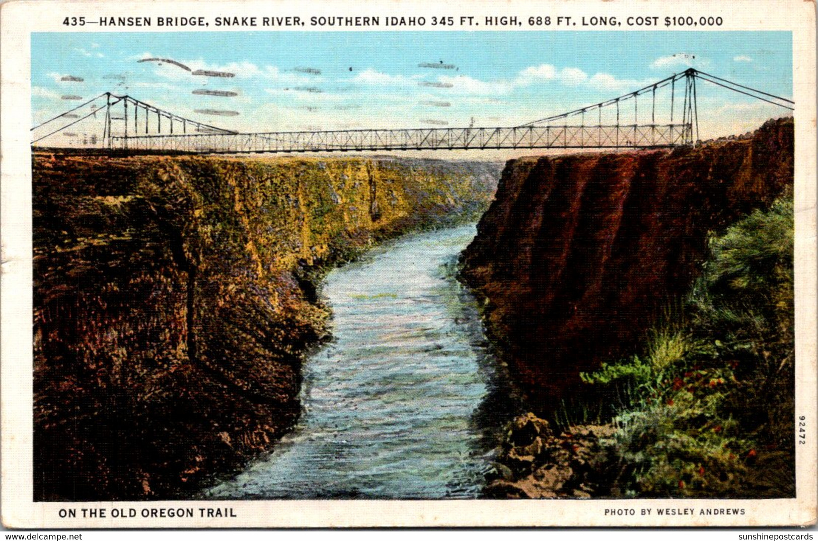 Idaho Hansen Bridge Over Snake River On The Old Oregon Trail 1940 Curteich - Otros & Sin Clasificación