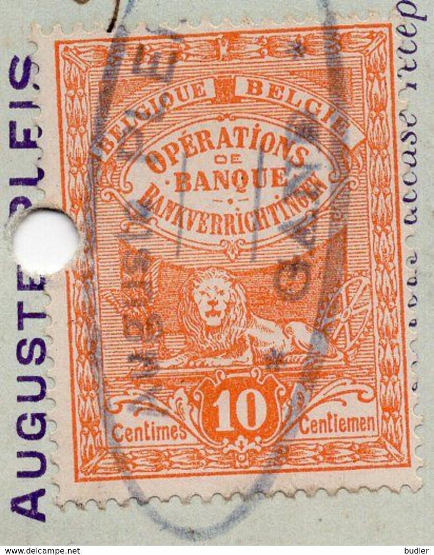 1923: Gelopen Briefkaart Van ## AUGUSTE PLEIS Te GENT ## Met Fiscale Zegel Op De Keerzijde. - Bank En Verzekering