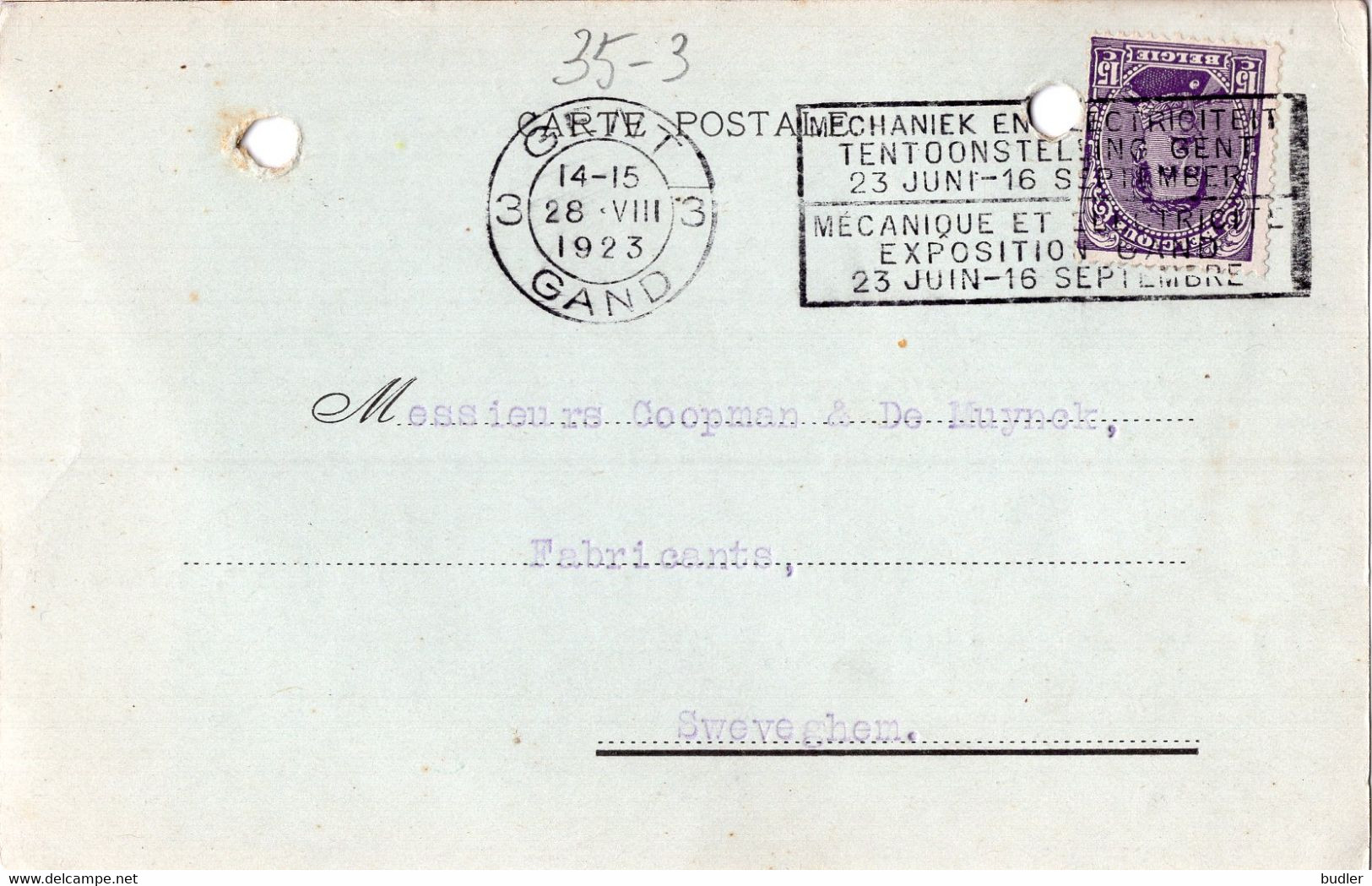 1923: Gelopen Briefkaart Van ## AUGUSTE PLEIS Te GENT ## Met Fiscale Zegel Op De Keerzijde. - Documents