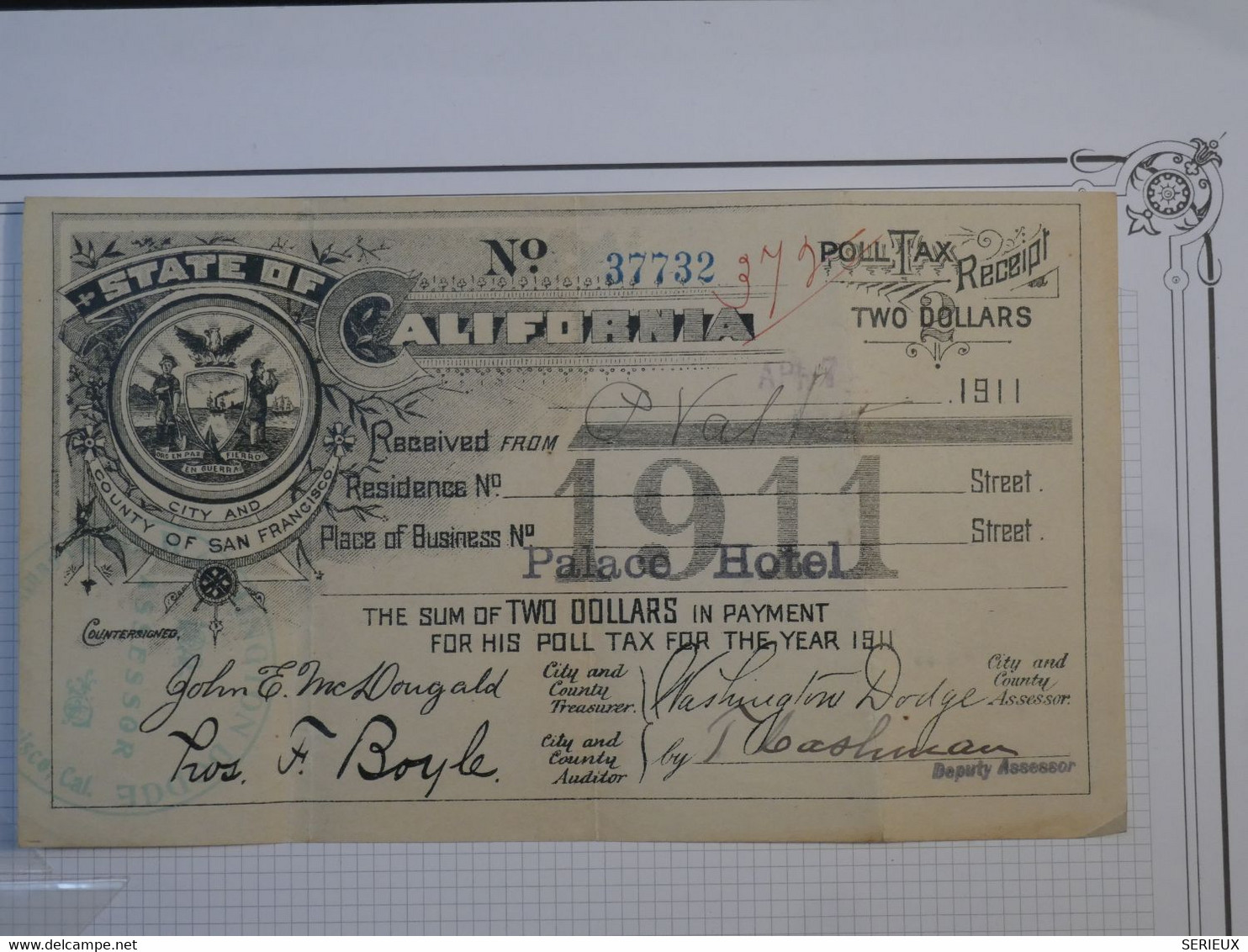 BN8 ETATS UNIS RECU STATE OF CALIFORNIA 1911  TWO DOLLARS +WASHINGTON+ - Zu Identifizieren