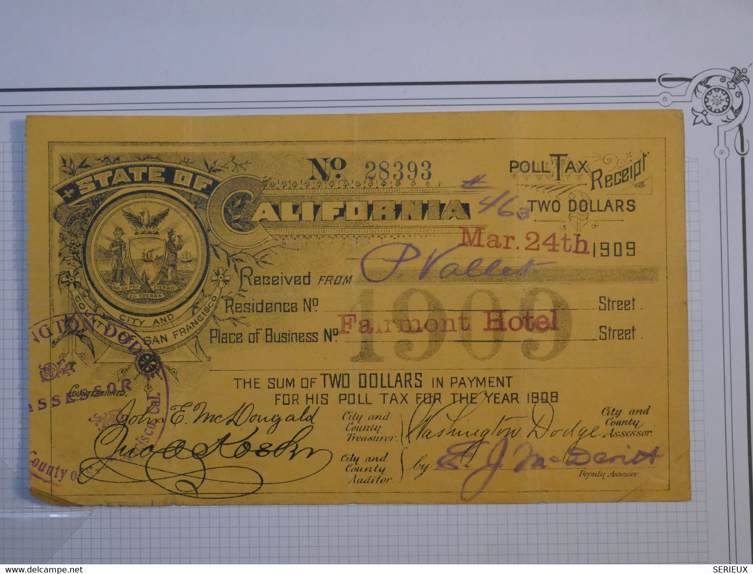 BN8 ETATS UNIS RECU STATE OF CALIFORNIA 1909  TWO DOLLARS +WASHINGTON+ - Te Identificeren