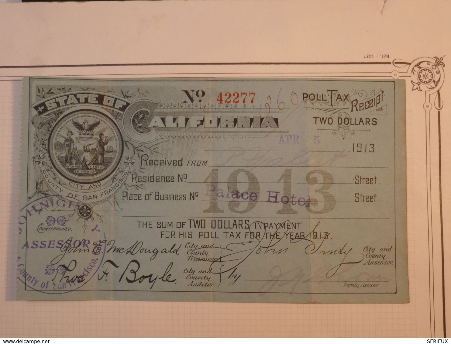 BN8 ETATS UNIS RECU RECEIPT  STATE OF CALIFORNIA 1913  TWO DOLLARS +WASHINGTON+ - Te Identificeren