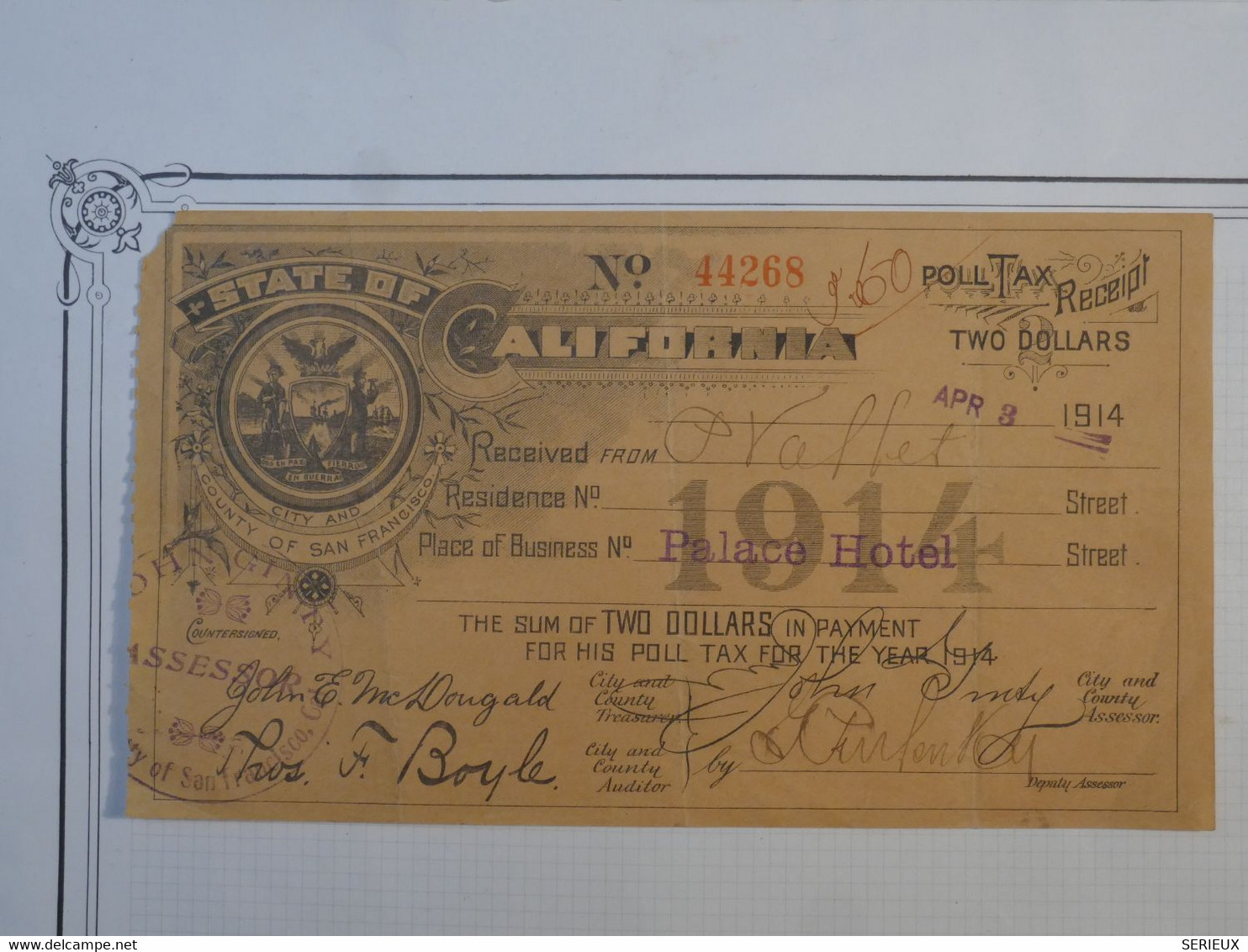 BN8 ETATS UNIS RECU RECEIPT . STATE OF CALIFORNIA 1914  TWO DOLLARS +WASHINGTON+ - A Identificar