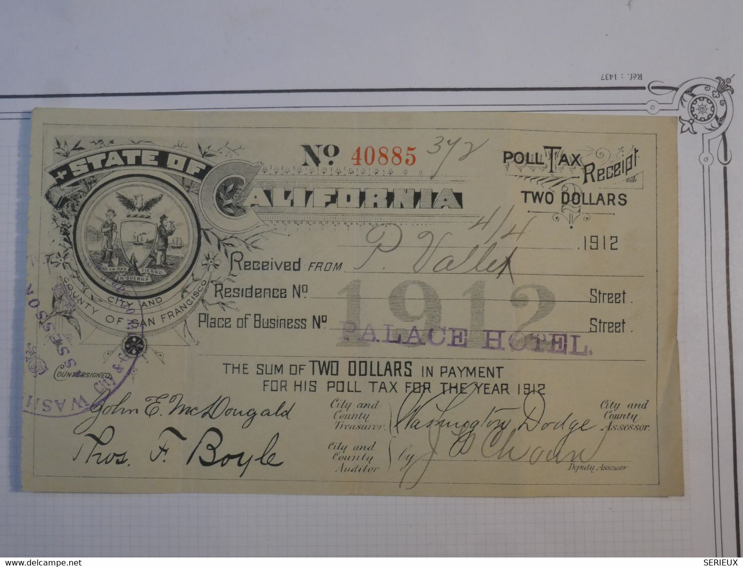 BN8 ETATS UNIS RECU RECEIPT . STATE OF CALIFORNIA 1912  TWO DOLLARS +WASHINGTON+ - Zu Identifizieren