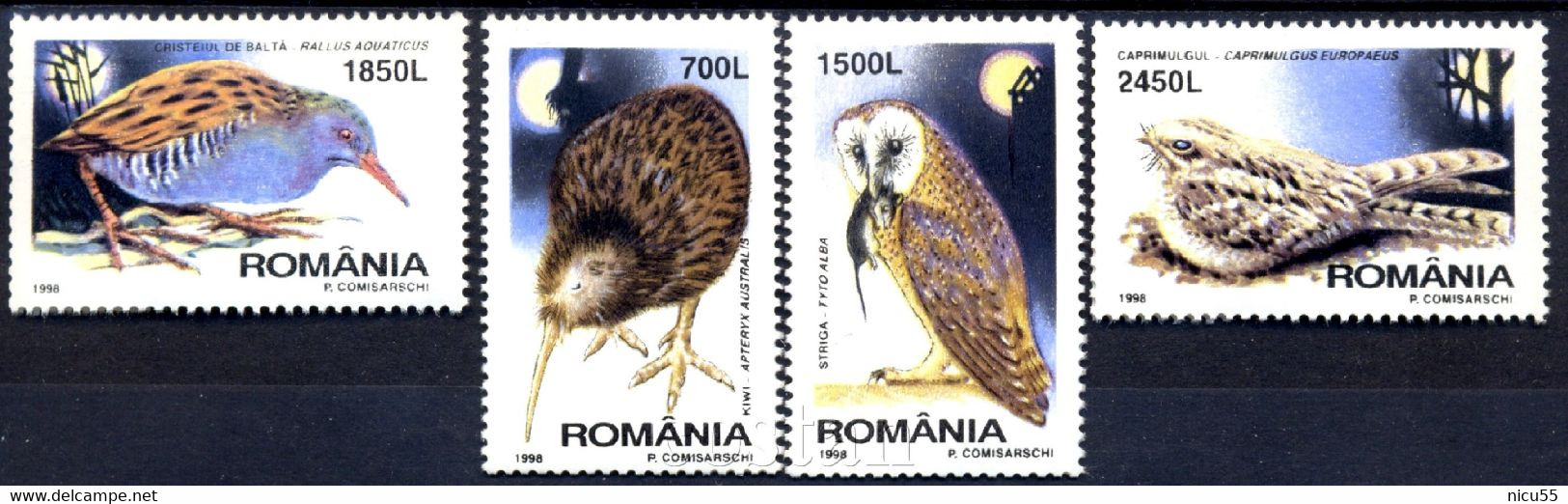 1998 Barn Owl,Southern Brown Kiwi,Water Rail,Nightjar,Night Birds,Romania,Mi.5325/Y.4457,MNH - Kiwi's