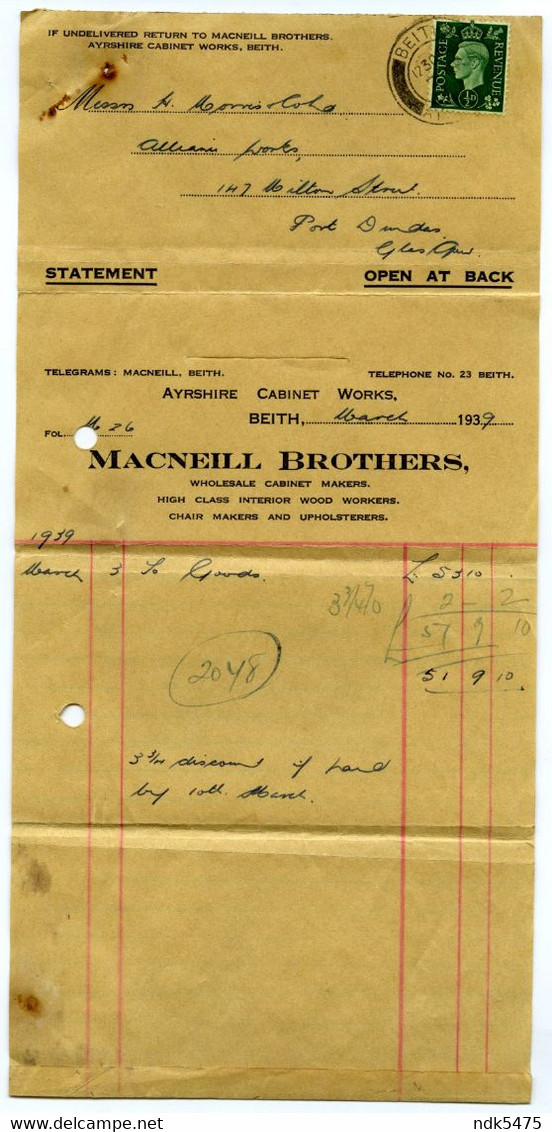 INVOICE : MacNEILL BROTHERS, AYRSHIRE CABINET WORKS, BEITH, 1939 / H. MORRIS & CO., MILTON STREET, PORT DUNDAS, GLASGOW - Royaume-Uni