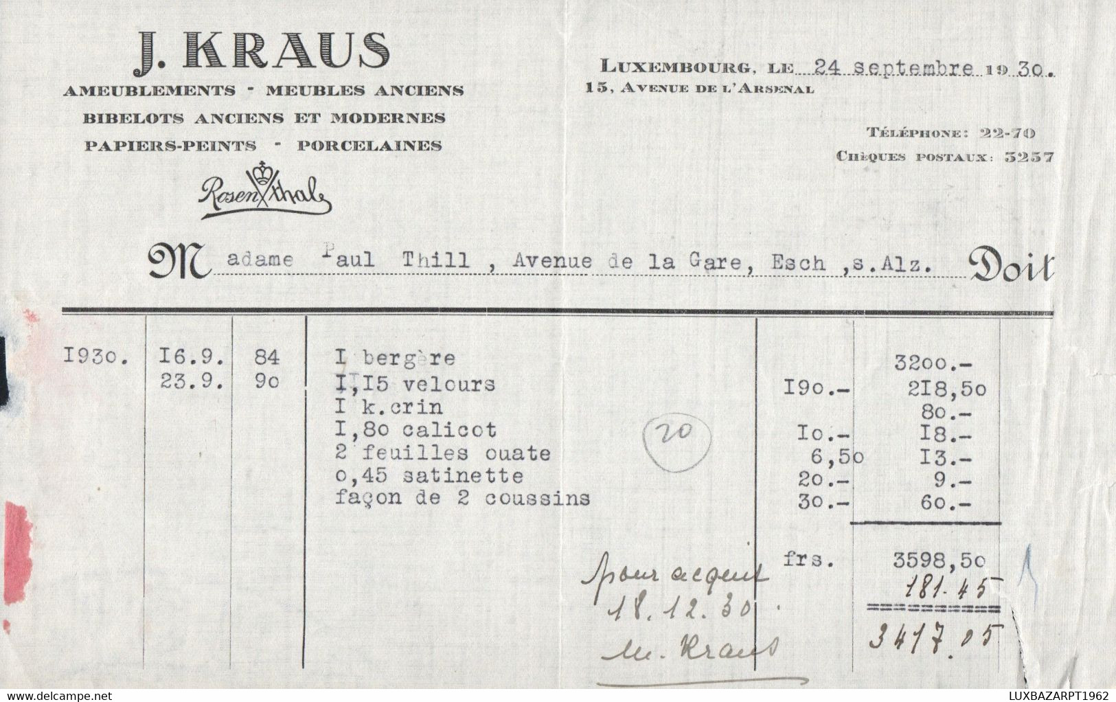 Facture J. Kraus Luxembourg 24 Septembre 1930 - Luxembourg