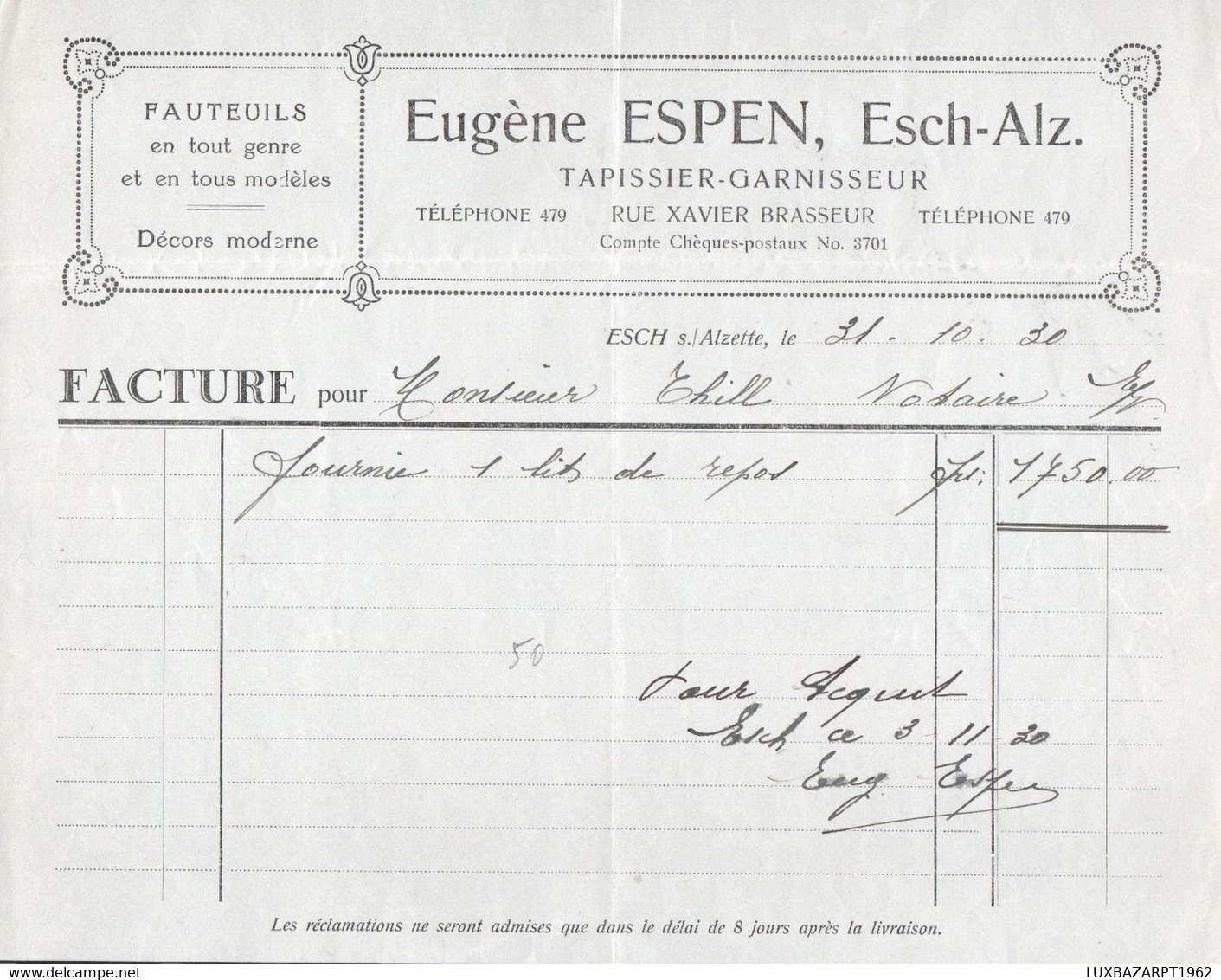 Facture Eugène Espen Esch-Alzette 31-10-1930 - Luxemburg
