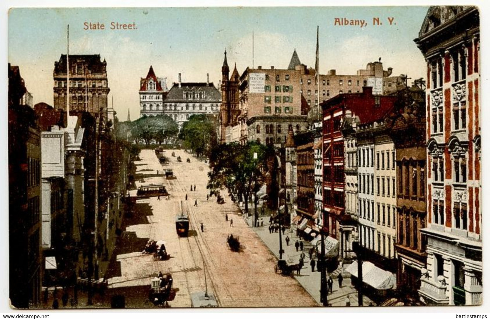 United States 1907 Postcard Albany, New York - State Street; Boston & Albany RPO Postmark - Albany