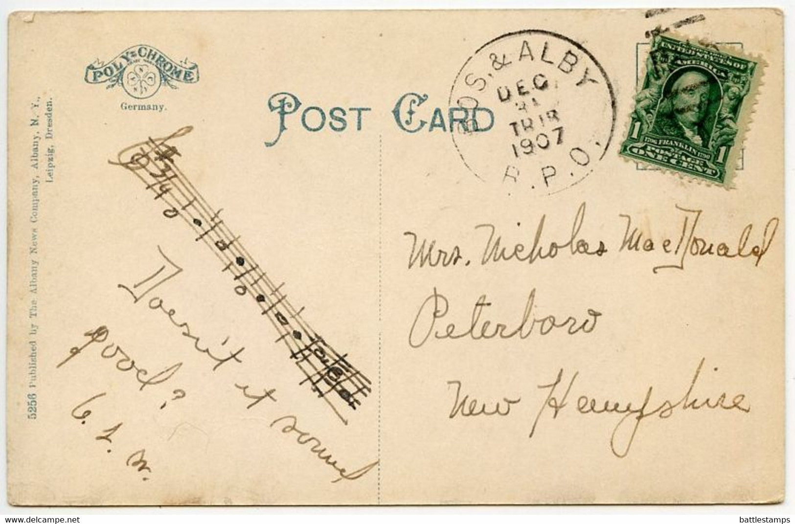 United States 1907 Postcard Albany, New York - State Street; Boston & Albany RPO Postmark - Albany