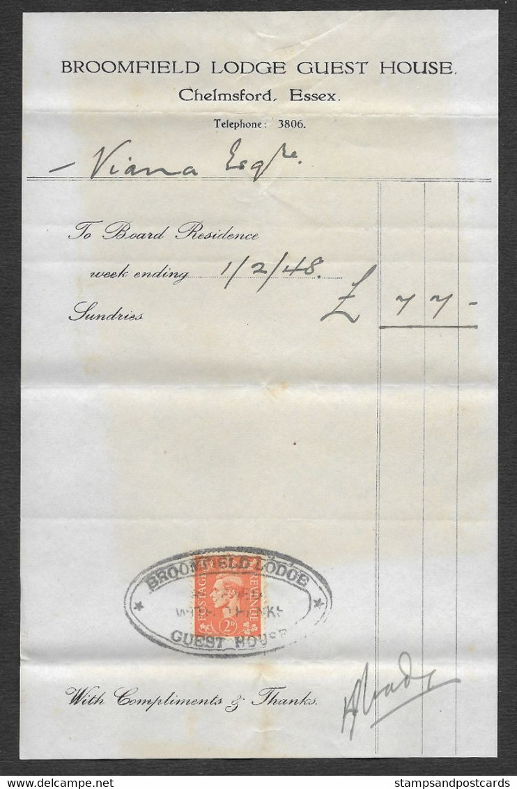 United Kingdom Broomfield Lodge Guest House Revenue Stamped Receipt 1948 Royaume Uni Reçu Avec Timbre Fiscaux - Revenue Stamps